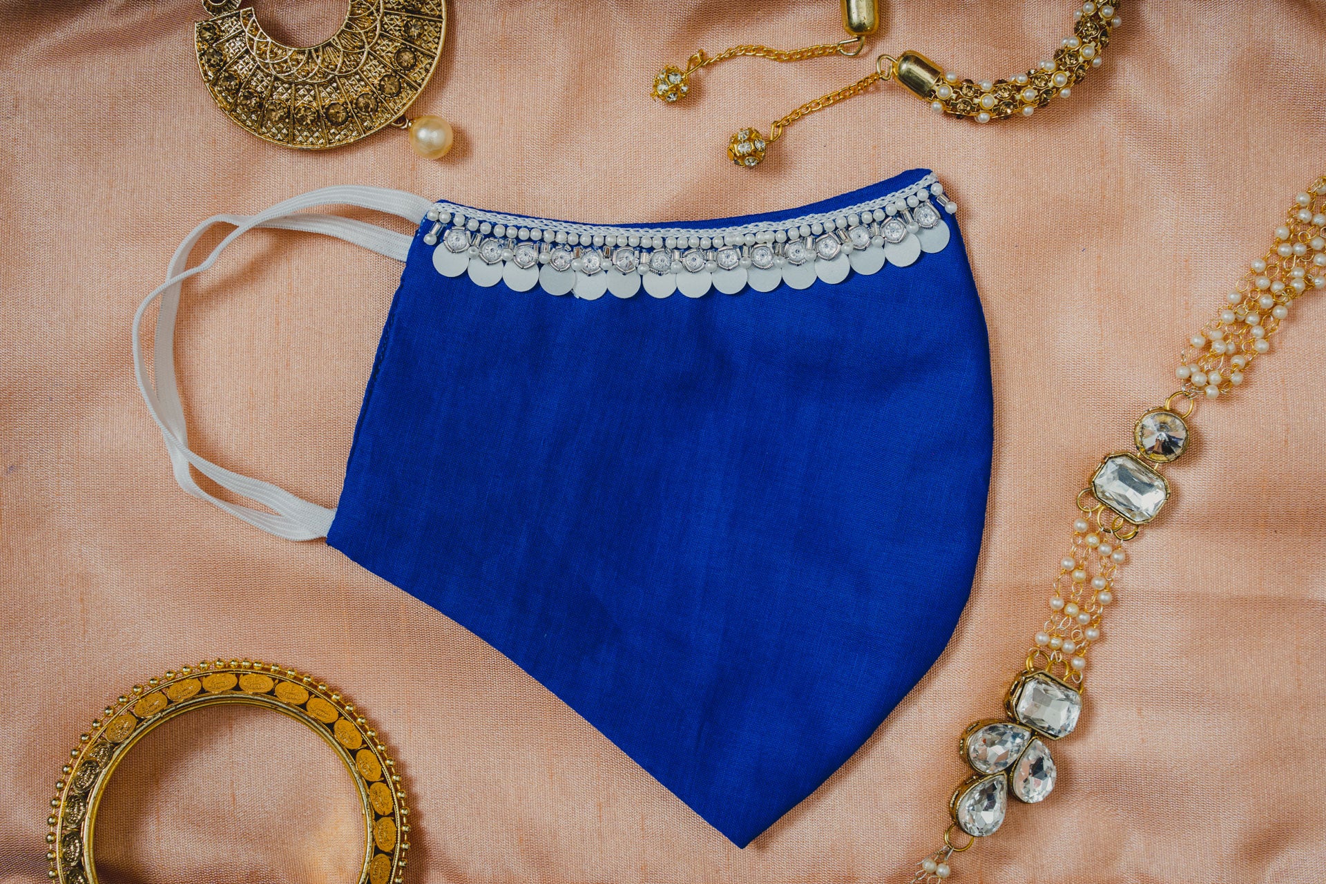 Royal Blue Cotton Face Mask with Hanging Tassel Embroidery - Breathable & Stylish for Everyday Wear, Parties, and Festivals