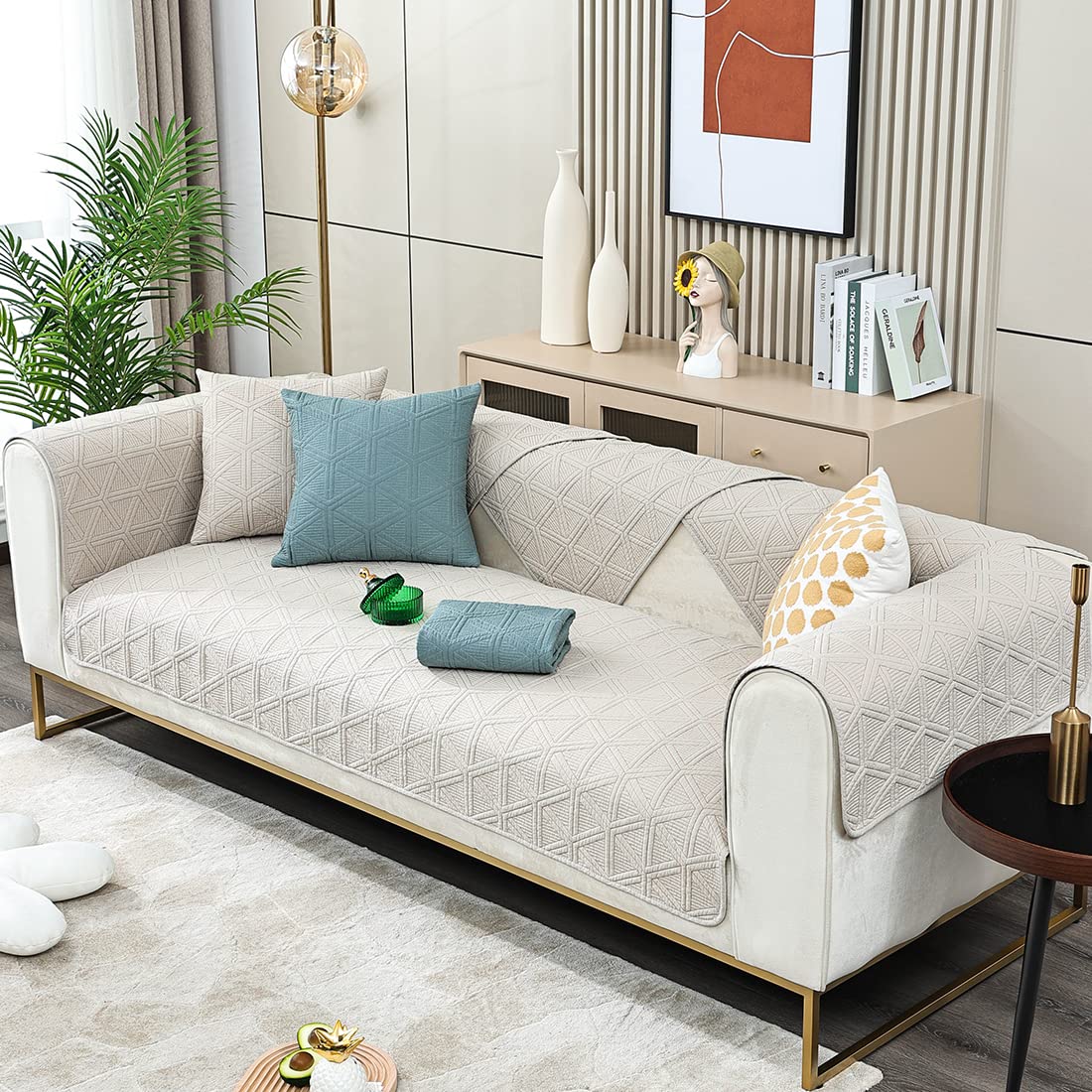 Geometric Embroidery Couch Cover - Cotton Quilted Non-Slip Sofa Slipcover with Triangle Pattern (Light Gray, 36