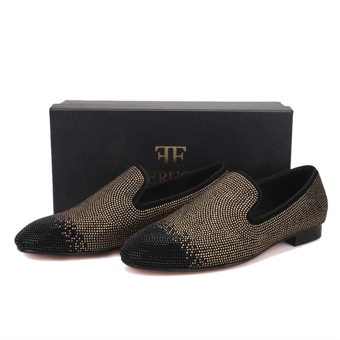 FERUCCI Men's Black & Gold Crystal Rhinestone Loafers - Luxury Slip-On Shoes for Casual Wear, Parties & Special Occasions