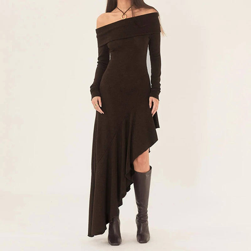 Elegant Asymmetrical Brown Midi Dress for Women - Ruffled Slash Neck Bodycon Dress with Long Sleeves | Perfect for Autumn Parties, Date Nights & Office Wear