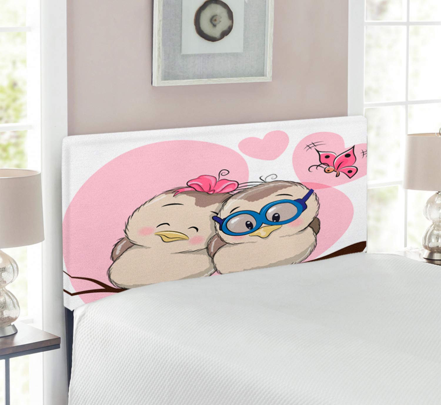 Ambesonne Love Headboard - Upholstered Decorative Metal Bed Frame with Memory Foam | Twin Size in Pale Pink Beige Taupe | Cartoon Birds on Branch Valentine's Theme | Perfect for Bedroom Decor, Guest Rooms & Romantic Settings