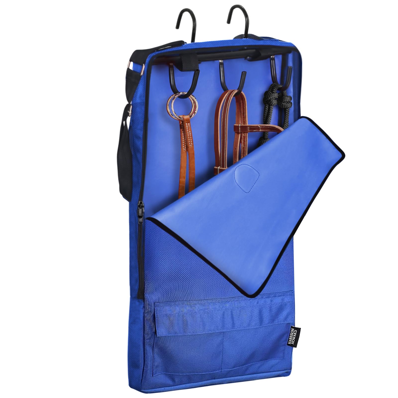 Harrison Howard Waterproof Horse Tack Carry Bag with 3-Prong Tack Rack - Durable Bridle/Halter Storage Bag in Blue - Perfect for Equestrian Travel & Stable Organization