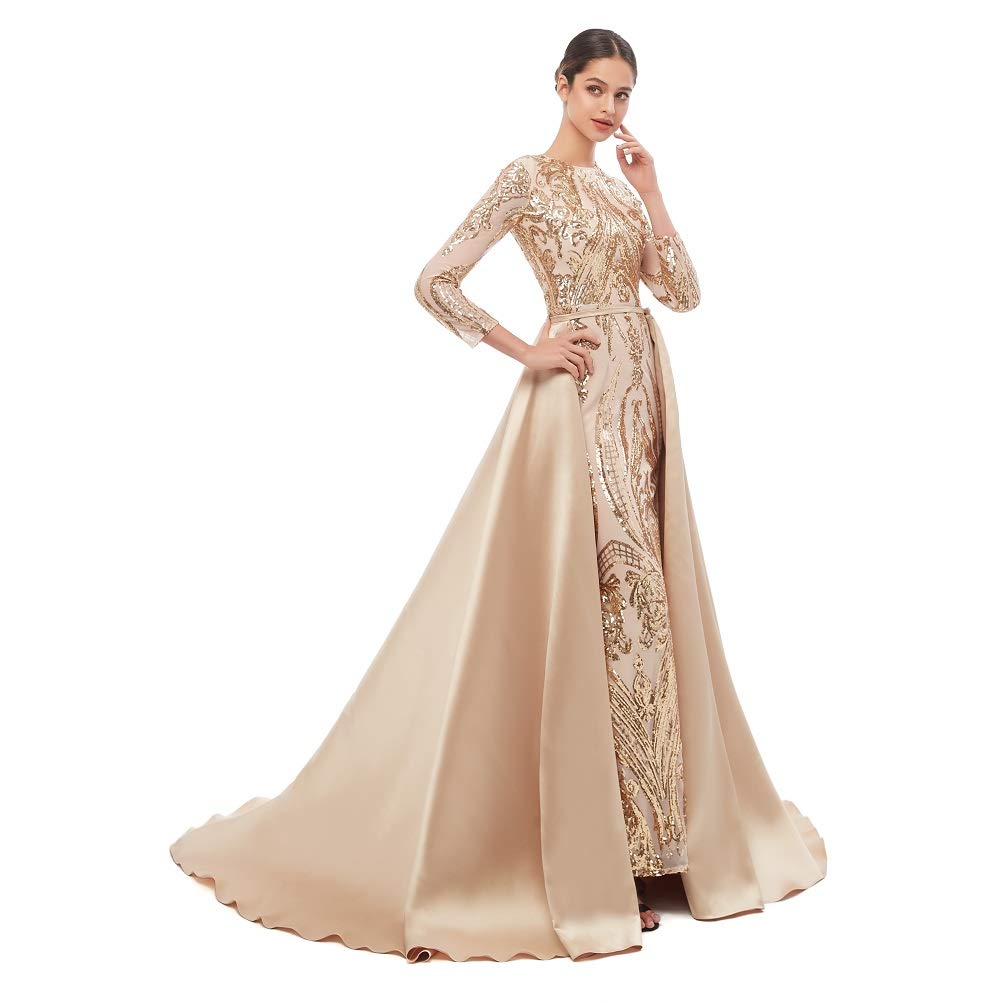 Engerla Women's Detachable Train Mermaid Evening Dress - Long Sleeve Formal Gown for Prom, Party, Wedding & Celebrity Events | Elegant Night Out & Special Occasion Wear