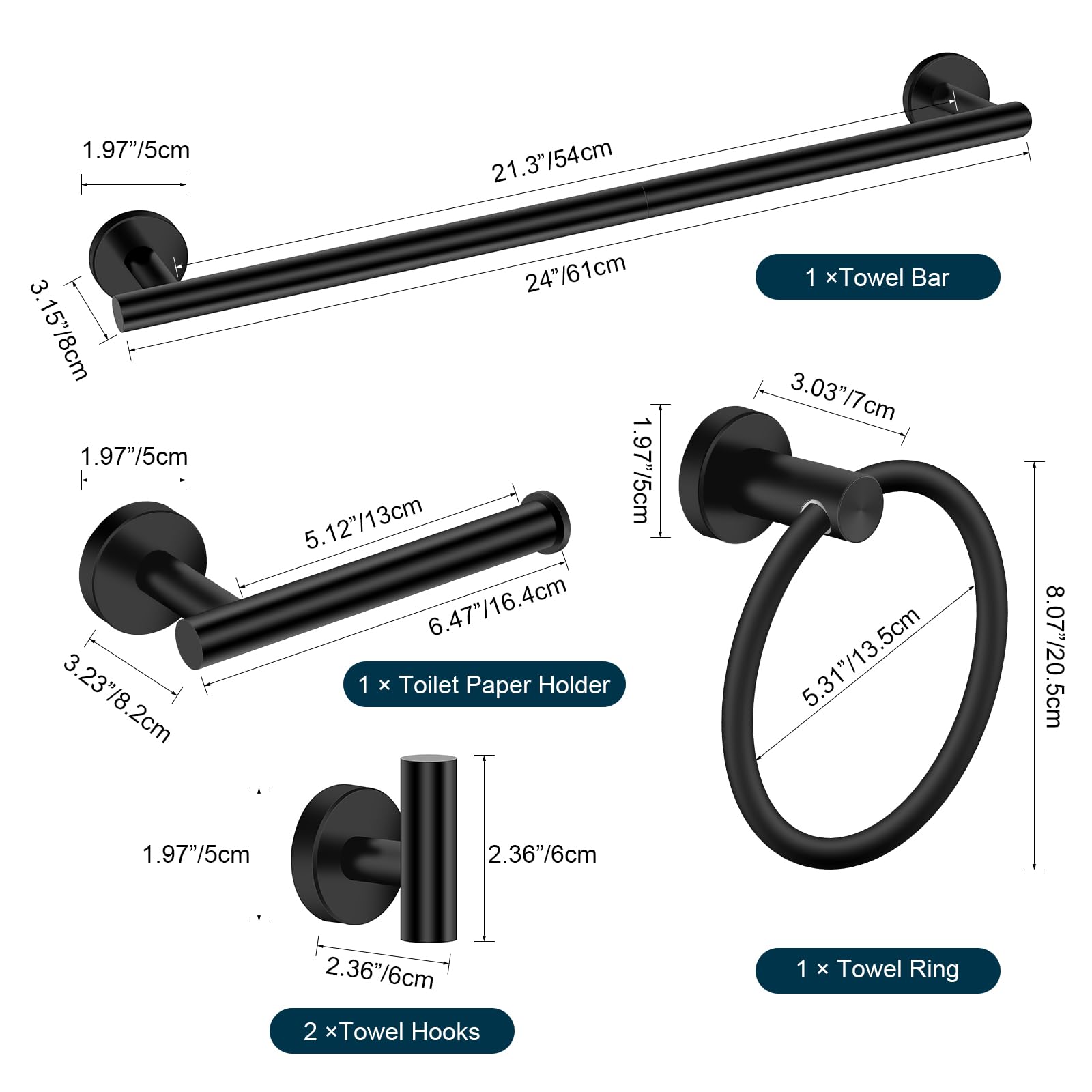 Premium Matte Black Bathroom Hardware Set - 5-Piece Stainless Steel Towel Bar (24 Inch), Toilet Paper Holder & Towel Ring Set - Modern Black Bathroom Accessories Kit for Home, Hotel & Spa Decor
