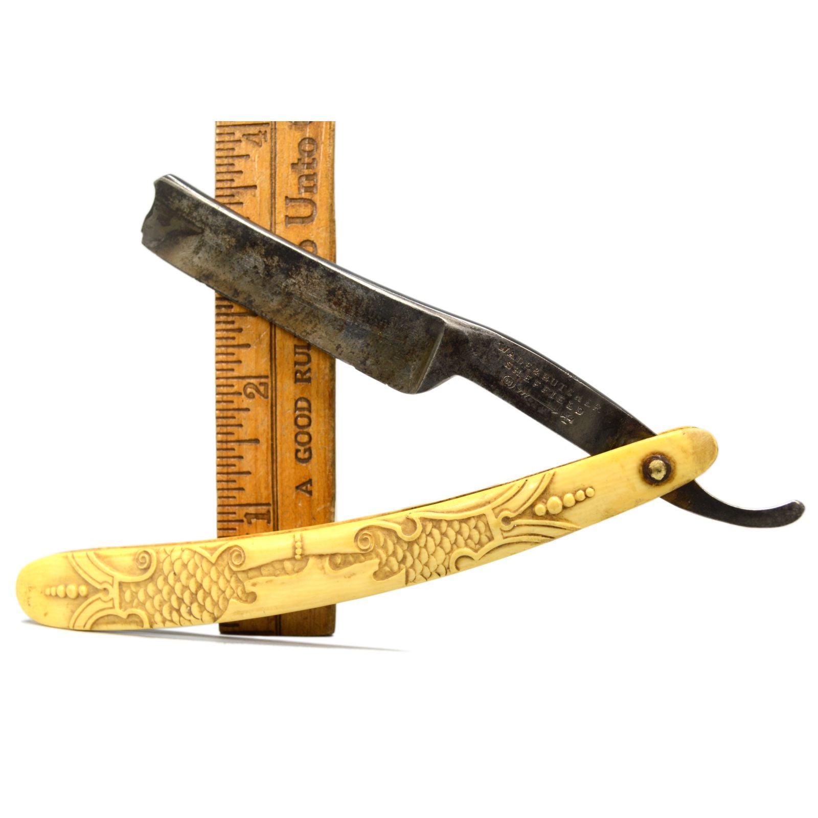 Vintage WADE & BUTCHER Straight Razor with Ornate Carved Bone Scales - Sheffield Steel Shaving Knife - Rare Collectible Barber Tool for Classic Wet Shaving & Grooming