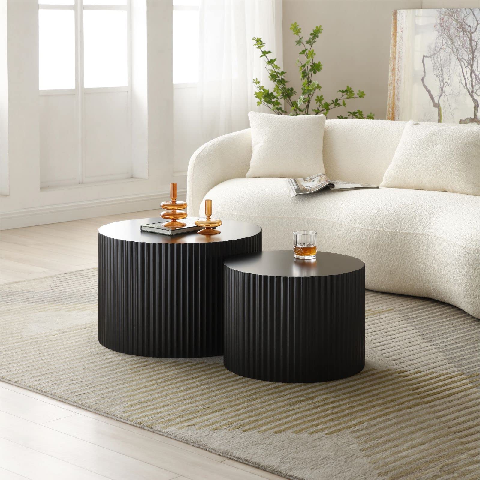 Modern Round Nesting Coffee Table Set of 2 - Black Accent Tables for Living Room, Small Space Furniture for Apartments & Cozy Homes