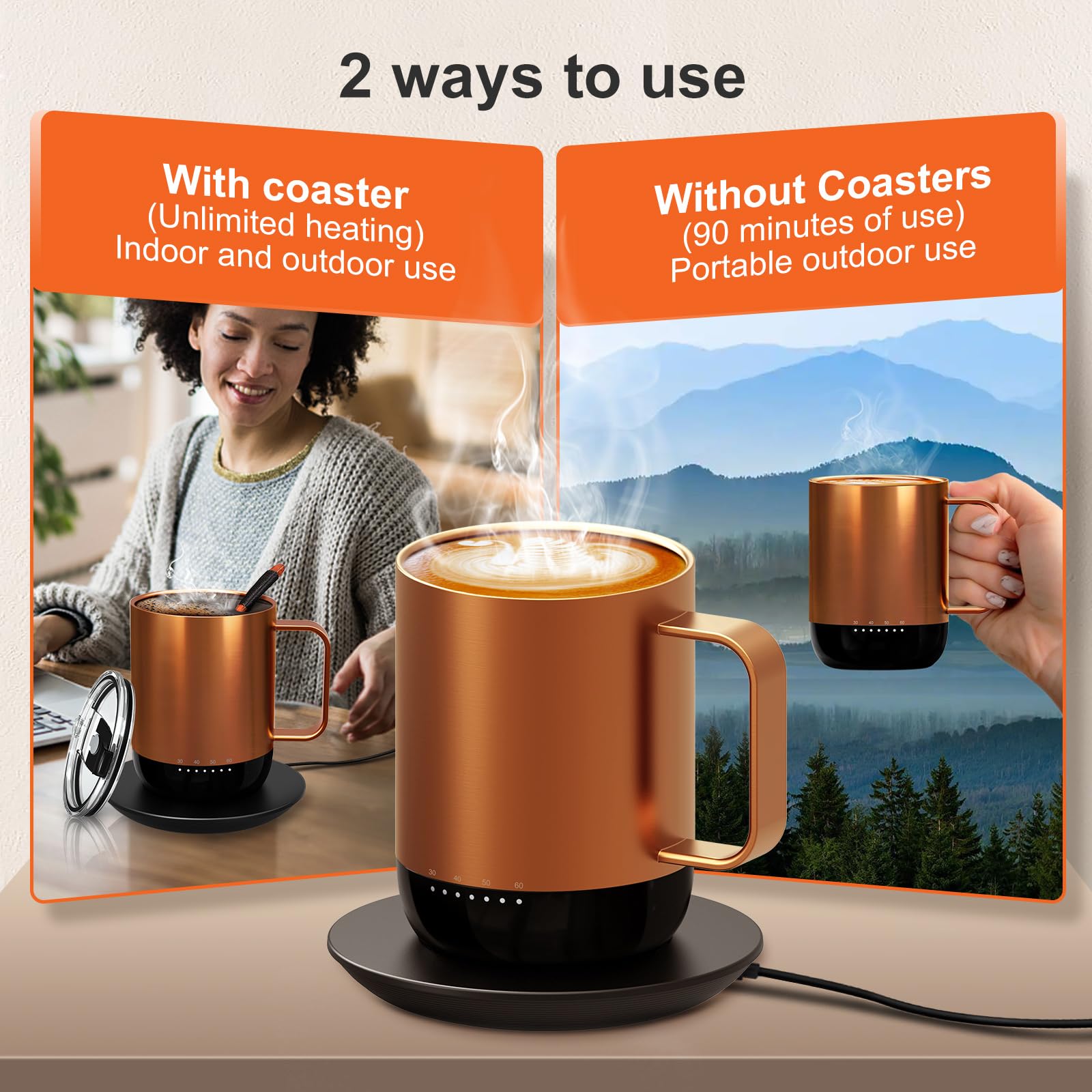 VSITOO S3PRO Smart Temperature Control Heated Coffee Mug - 14oz Copper, Rechargeable & Battery Powered, APP/Manual Control, LED Display - Perfect for Office, Travel, and Home Use