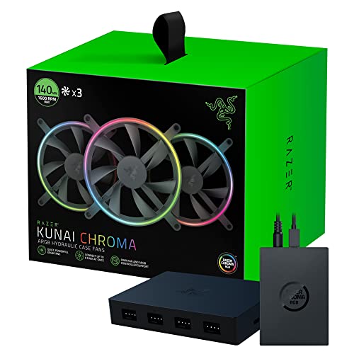 Razer Kunai Hydraulic 140MM aRGB PC Cooling Fans - 3 Pack with PWM Fan Controller & Chroma RGB Controller Kit for Gaming PC Builds | Perfect for Custom RGB PC Setup, Case Cooling, and High-Performance Gaming Rigs