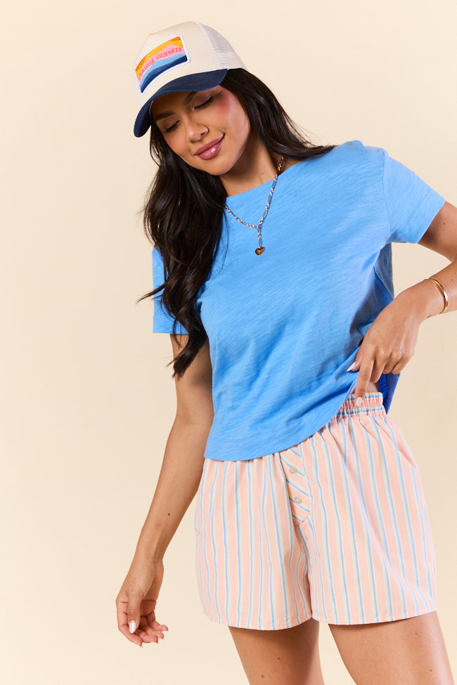 Easy Fit Short Sleeve Blue Boxy Tee - Women's Casual Loose Fit T-Shirt for Summer | Perfect for Everyday Wear, Outings & Relaxing
