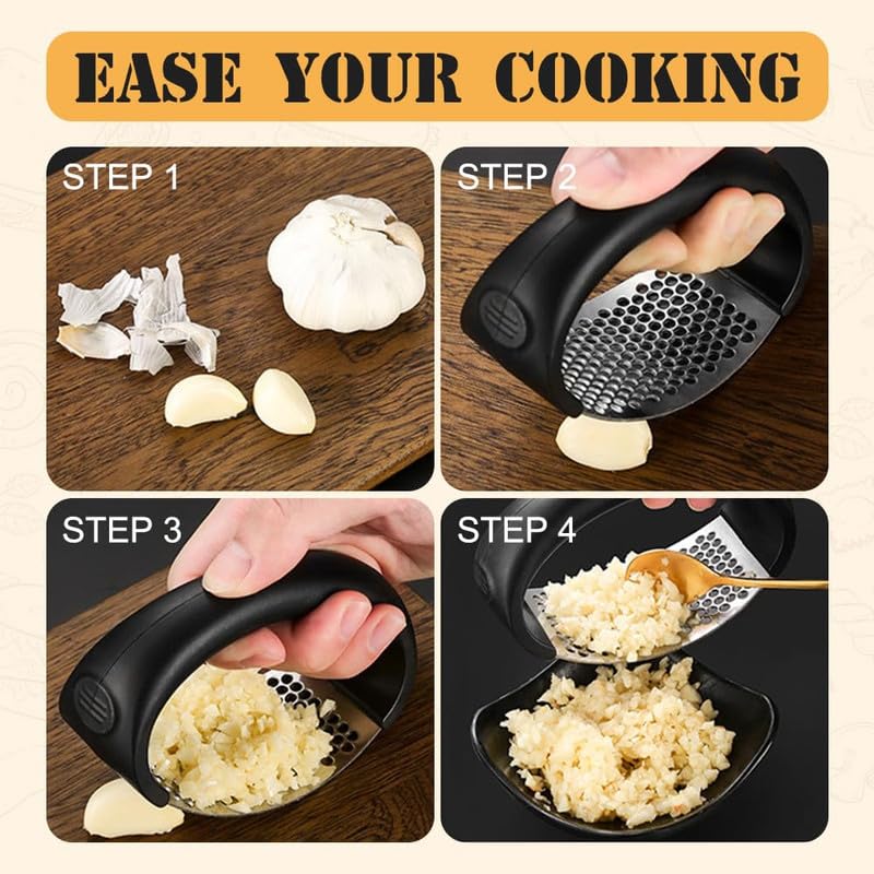Premium Stainless Steel Garlic Press & Rocker Crusher - Heavy Duty Manual Garlic Mincer with Peeling Drum - Kitchen Gadget for Chopping, Mashing Garlic - Perfect for Home Cooking, Meal Prep & Professional Kitchens (Grey, 1 Set)