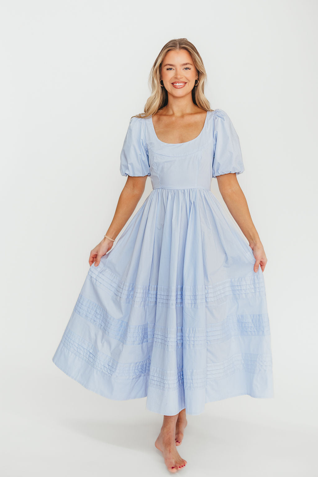 Milana 100% Cotton Puffed Sleeve Midi Dress - Baby Blue Floral Summer Dress for Women | Perfect for Beach Vacations, Garden Parties & Date Nights