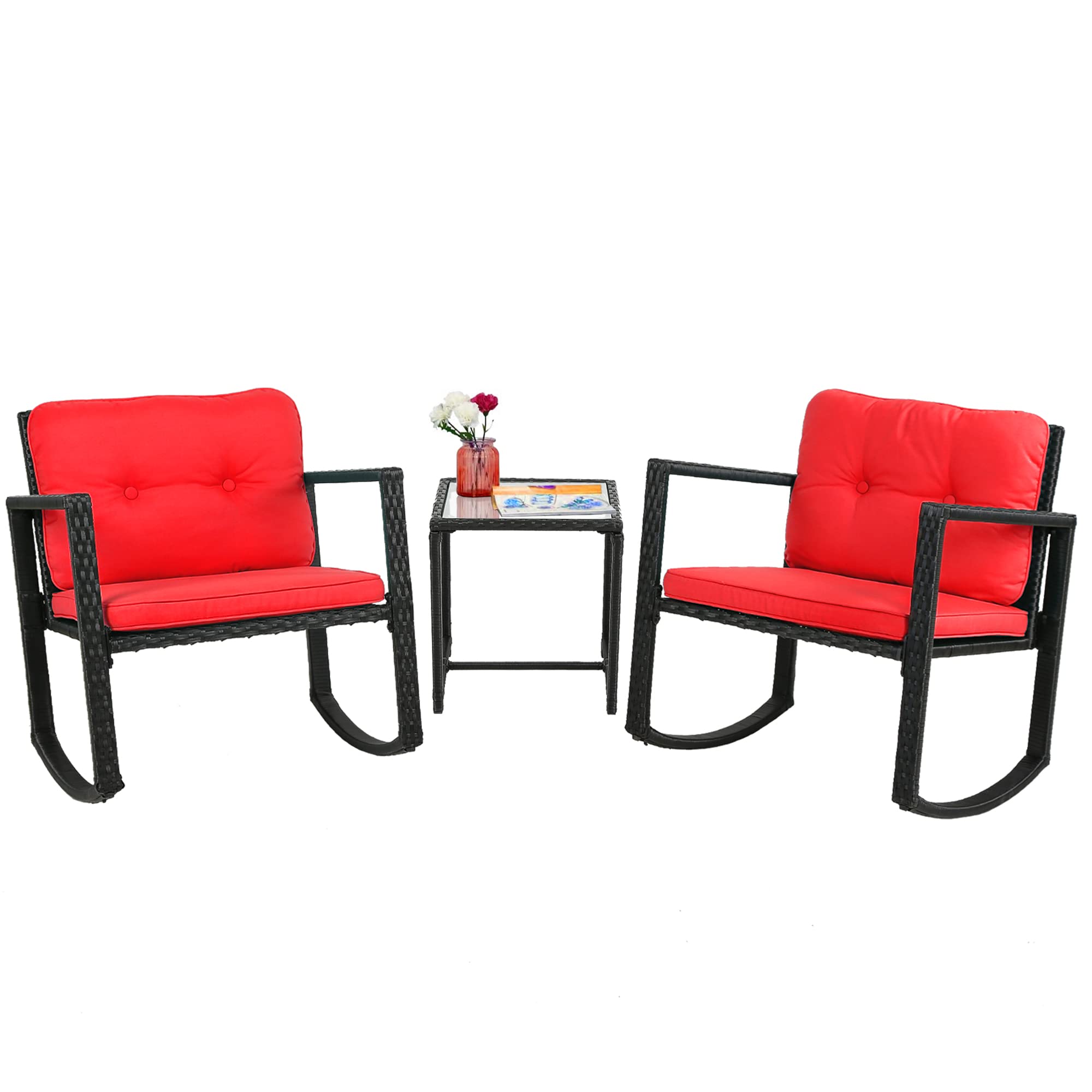 3-Piece Wicker Patio Furniture Set - Outdoor Rocking Chair, Rattan Bistro Set with Coffee Table & Porch Chairs - Red Conversation Set for Garden, Backyard & Poolside Relaxation