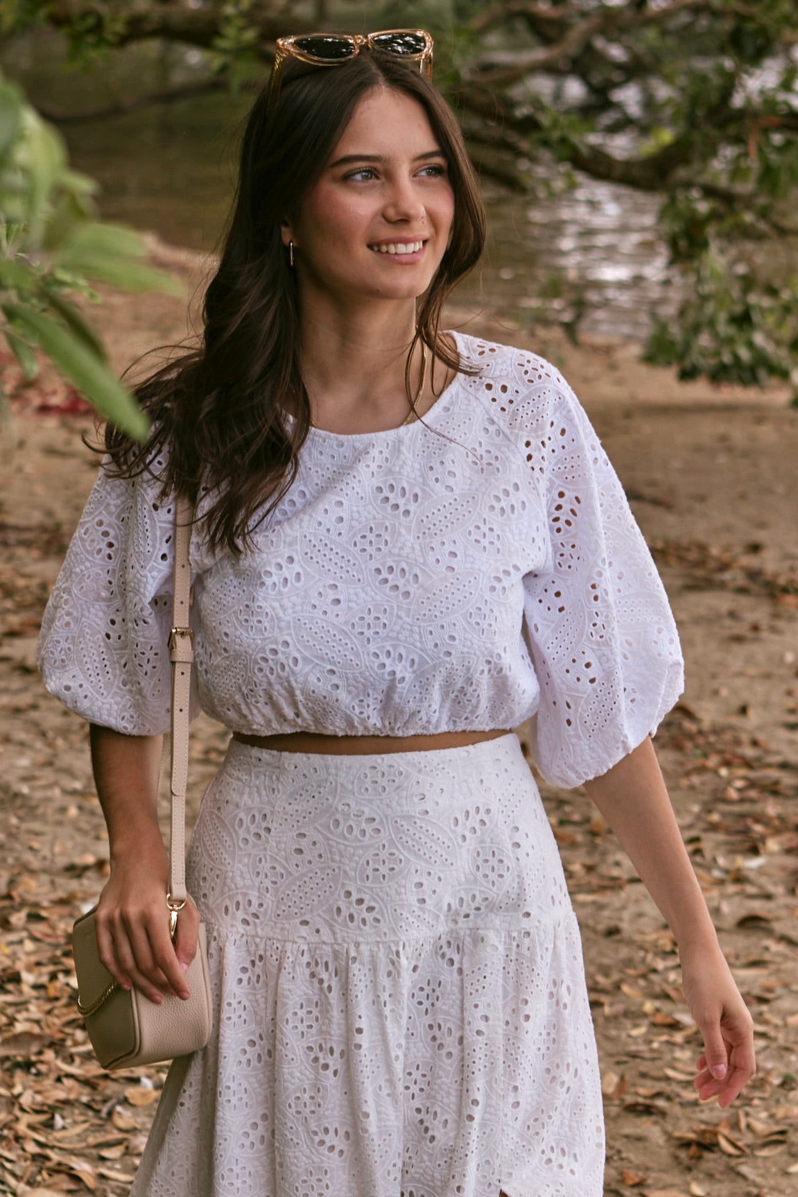 Embellished White Broderie Anglaise Cropped Puff Sleeve Blouse - Women's Vintage Boho Chic Top for Summer, Beach, and Casual Outings