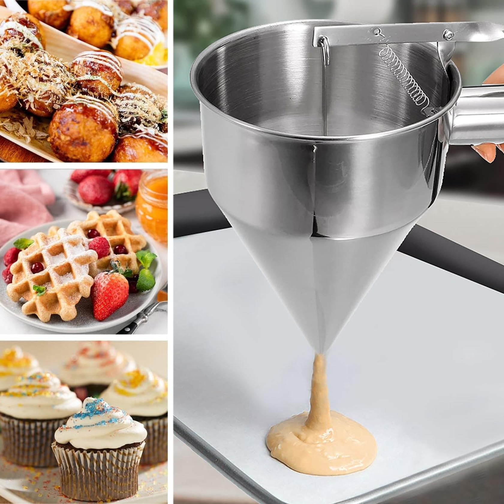**40oz Stainless Steel Pancake Batter Dispenser with Stand & 4 Nozzles – Perfect for Griddle Cakes, Funnel Cakes, Desserts & Baking – Durable Piston Funnel for Easy Pouring**    *(Use Cases: Ideal for making pancakes, waffles, funnel cakes, cupcakes, crepes, and other desserts at home, bakeries, or food trucks.)*