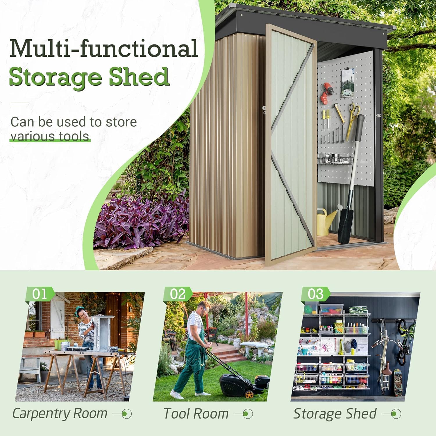Furniwell 5x3 FT Outdoor Storage Shed - Metal Garden Shed with Lockable Door for Backyard, Patio & Lawn (Brown) | Weather-Resistant Tool Storage & Yard Organization Solution