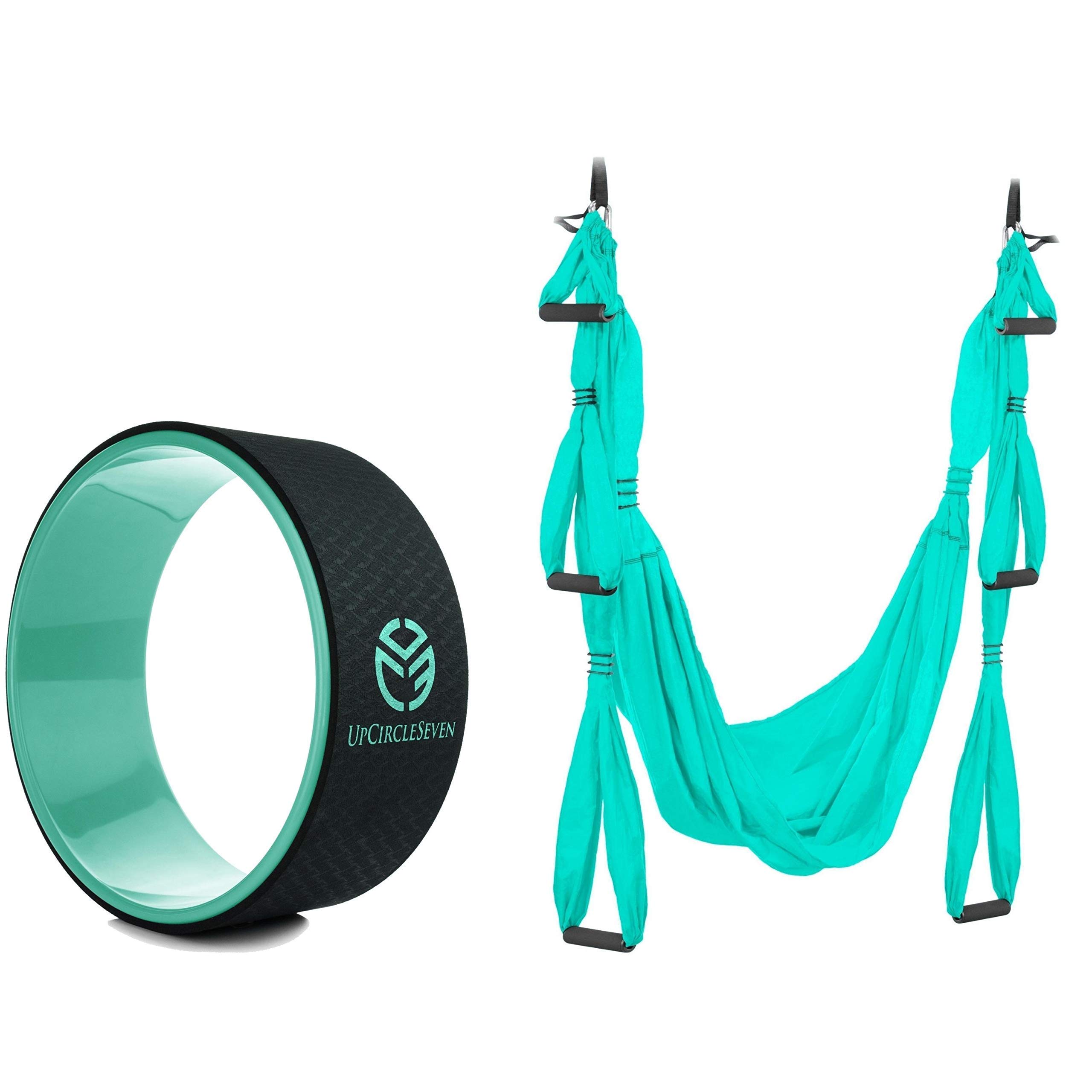 UpCircleSeven Yoga Wheel & Yoga Swing Set - Cyan & Turquoise Bundle for Stretching, Back Pain Relief, and Aerial Yoga at Home or Studio