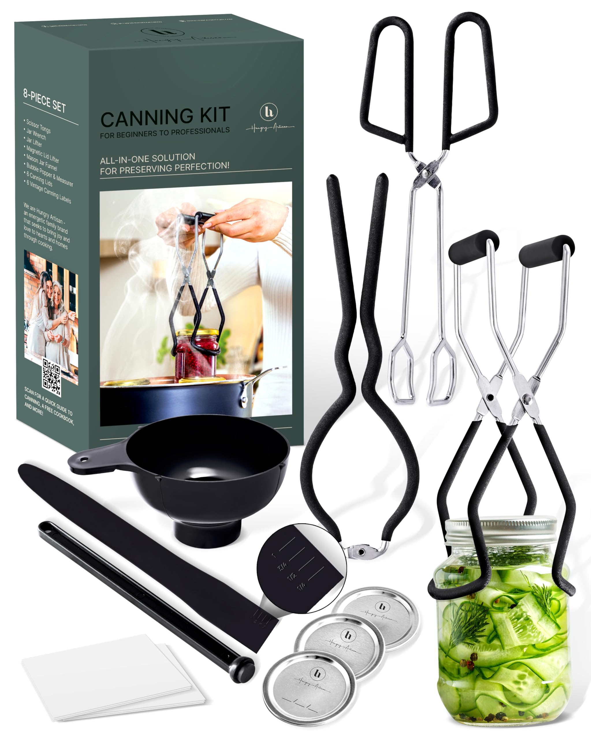 **Complete Canning Supplies Set of 8 – Beginner Canning Kit with Mason Jar Lifter, Funnel, Wrench, Tongs, Bubble Popper & Magnetic Lid Lifter – Includes Labels & Lids for Home Canning & Preserving Fruits, Vegetables & Jams**