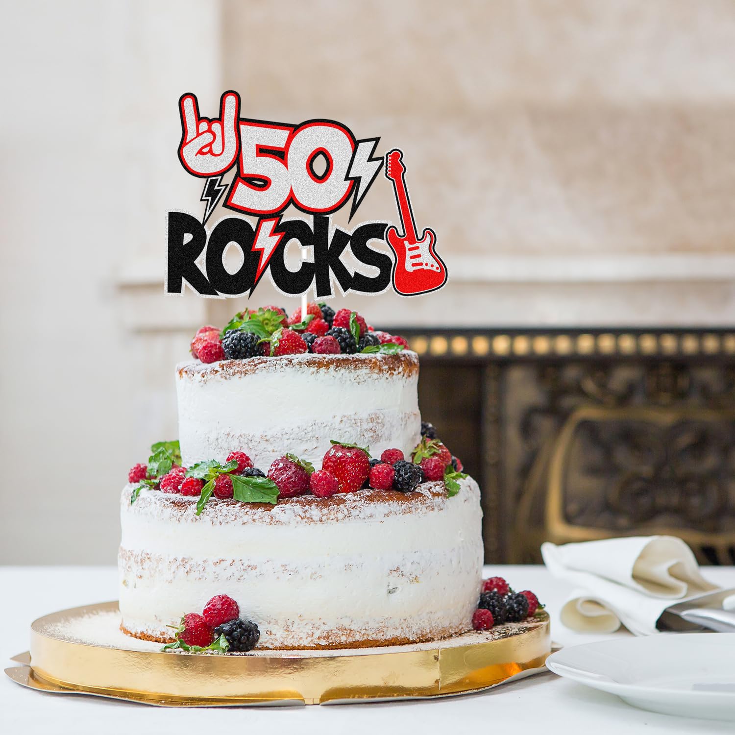 50th Birthday Cake Topper - Black Glitter Guitar Decor for 50 Years Anniversary Party | Cheers to 50 Rocks Celebration | Perfect for Men & Women Birthday Decorations | Ideal for Milestone Birthdays, Retirement Parties & Golden Anniversary Celebrations