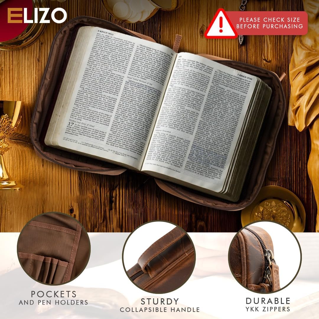 ELIZO Genuine Leather Bible Cover for Men & Women - Large Zippered Book Cover with Bookmark - Church Bag & Religious Gift for Bible Study, Travel & Worship