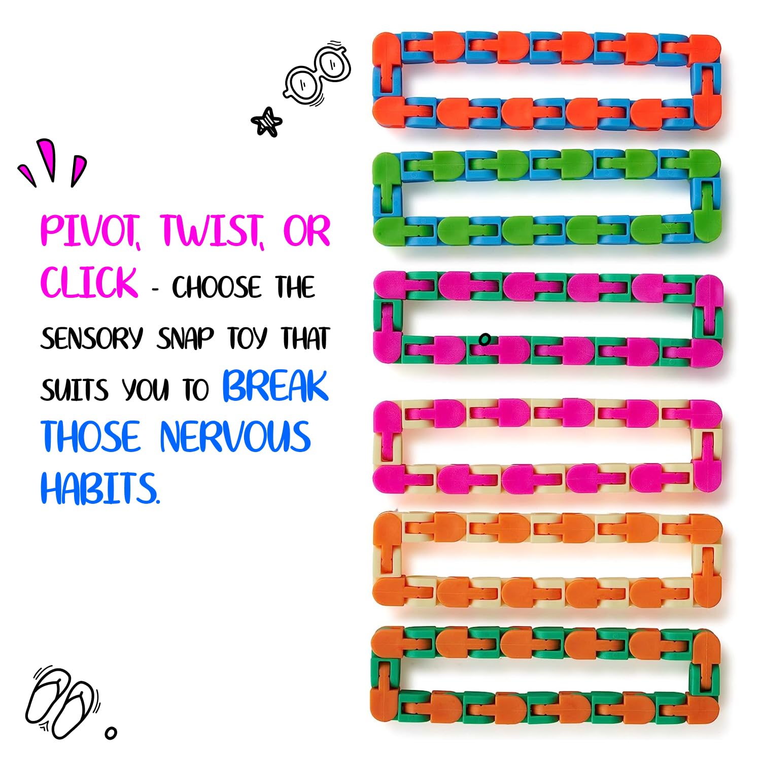 Neliblu Wacky Tracks 6 Pack Sensory Fidget Toys - Snap & Click Fidget Cube Puzzles for ADHD, Autism & Stress Relief - Therapy Sensory Toys for Kids & Adults - Perfect for Classroom, Office & Travel Focus Aid