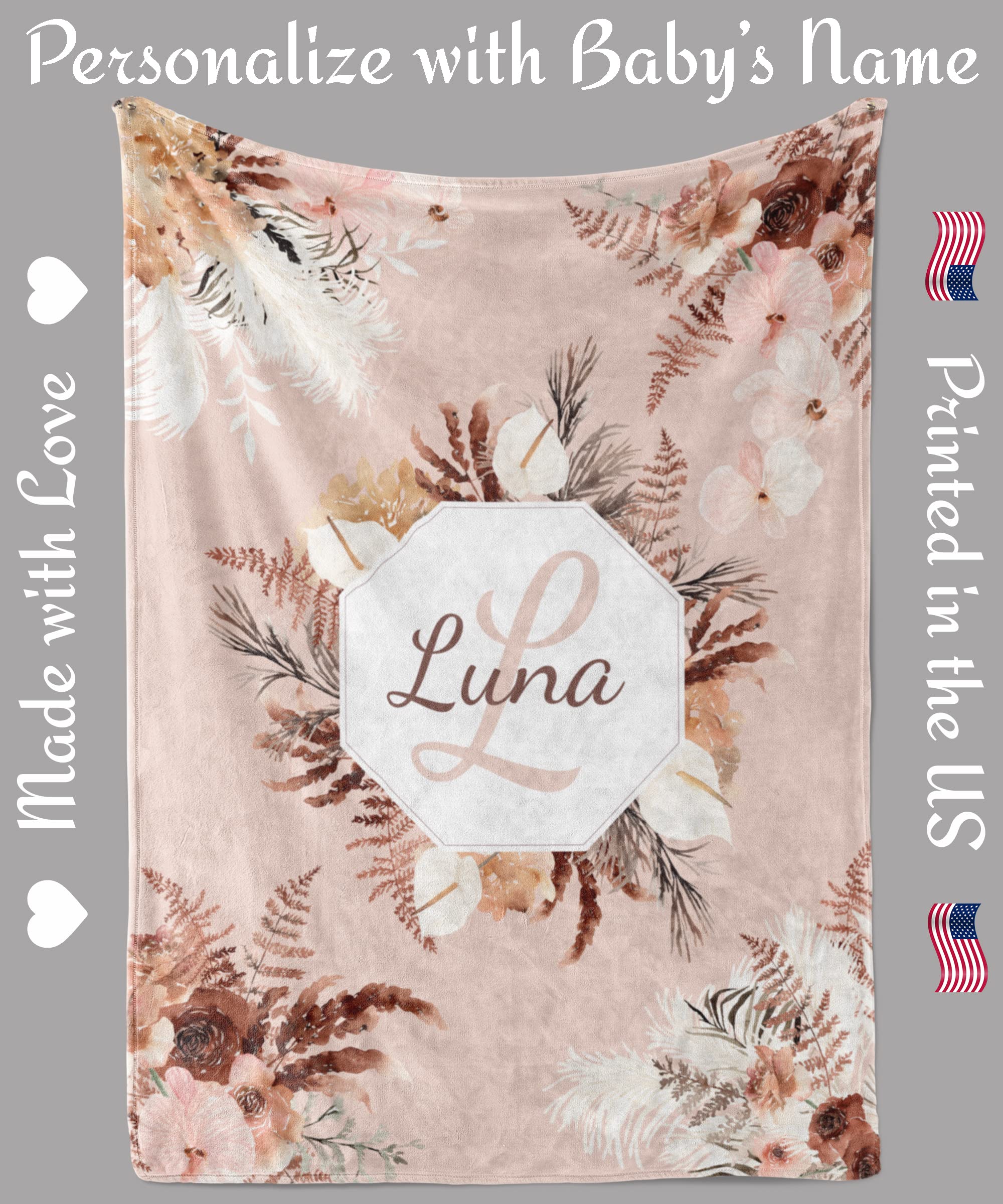 Custom Personalized Baby Blankets with Name - Soft Beige Boho Floral Design for Girls - Unique Newborn & Kids Baby Gifts for Shower, Birthday & Nursery Decor