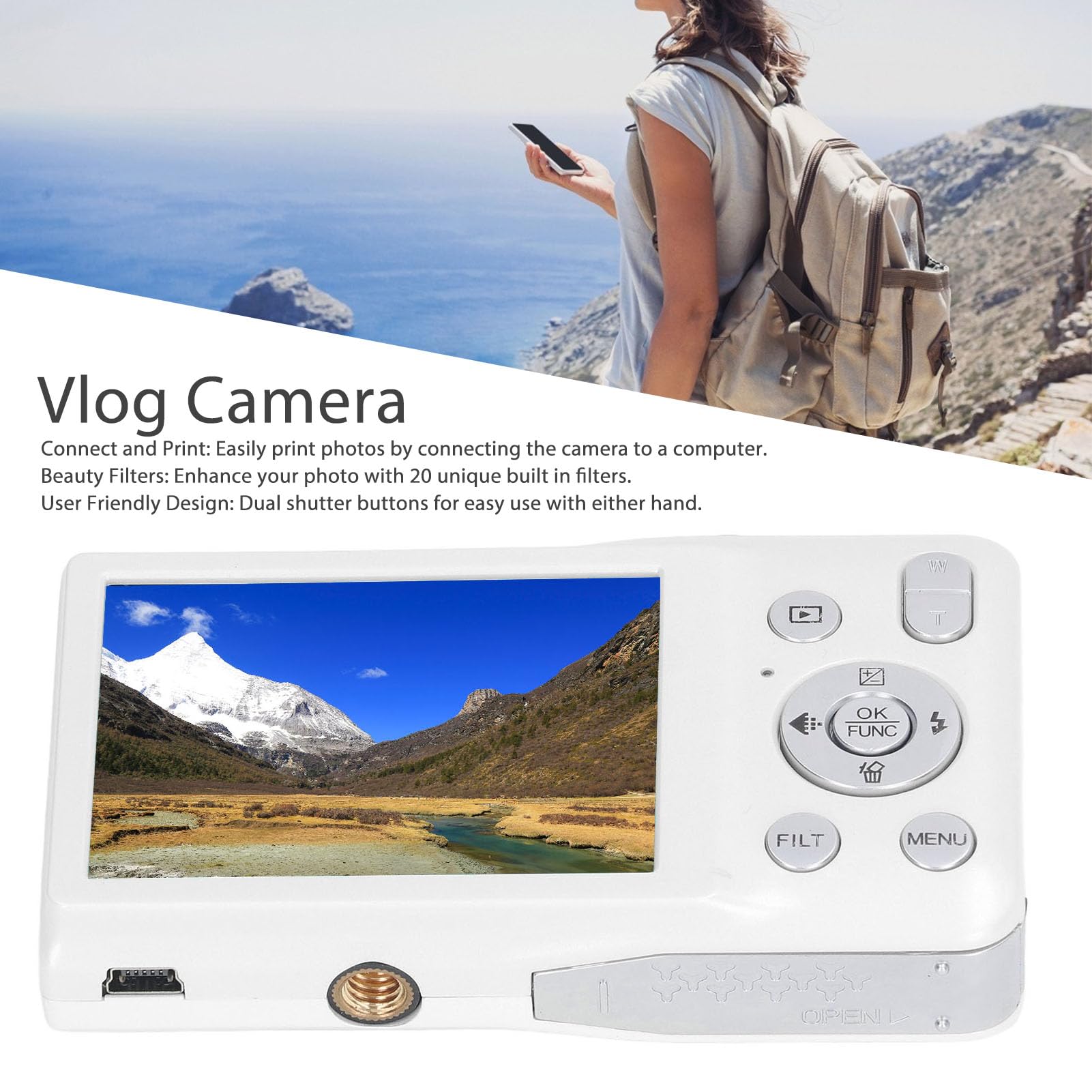 8K HD 68MP Digital Camera with 2.7in Screen & 16X Zoom - Compact Vlogging Camera with Beauty Filter & Instant Printing for Students, Teens, Adults - Perfect for Travel, YouTube Videos & Family Moments (White)