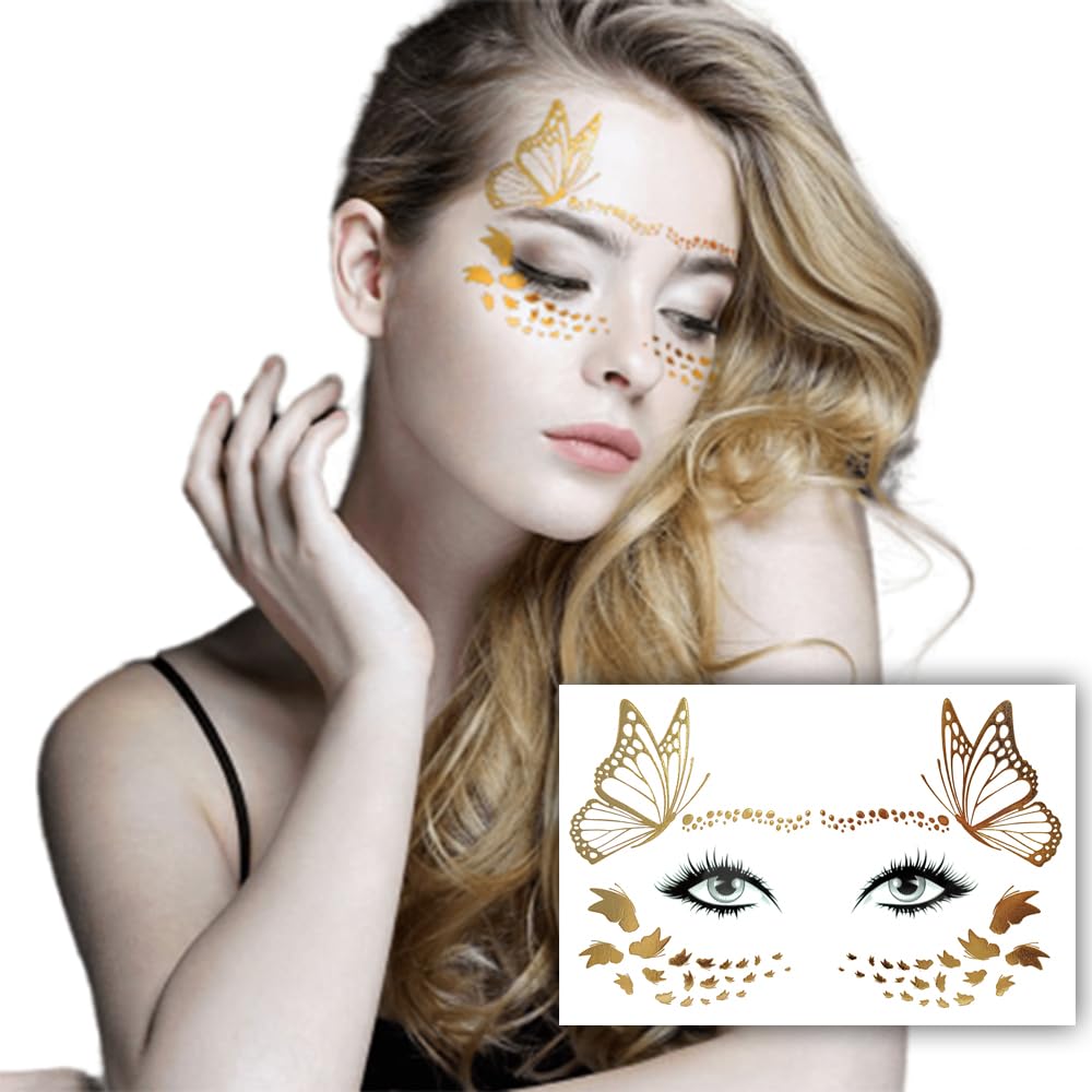 Metallic Gold Freckle Temporary Tattoo Stickers for Women & Girls - 21x15cm Face & Body Makeup - Perfect for Halloween, Cosplay, Music Festivals & Selfie Looks
