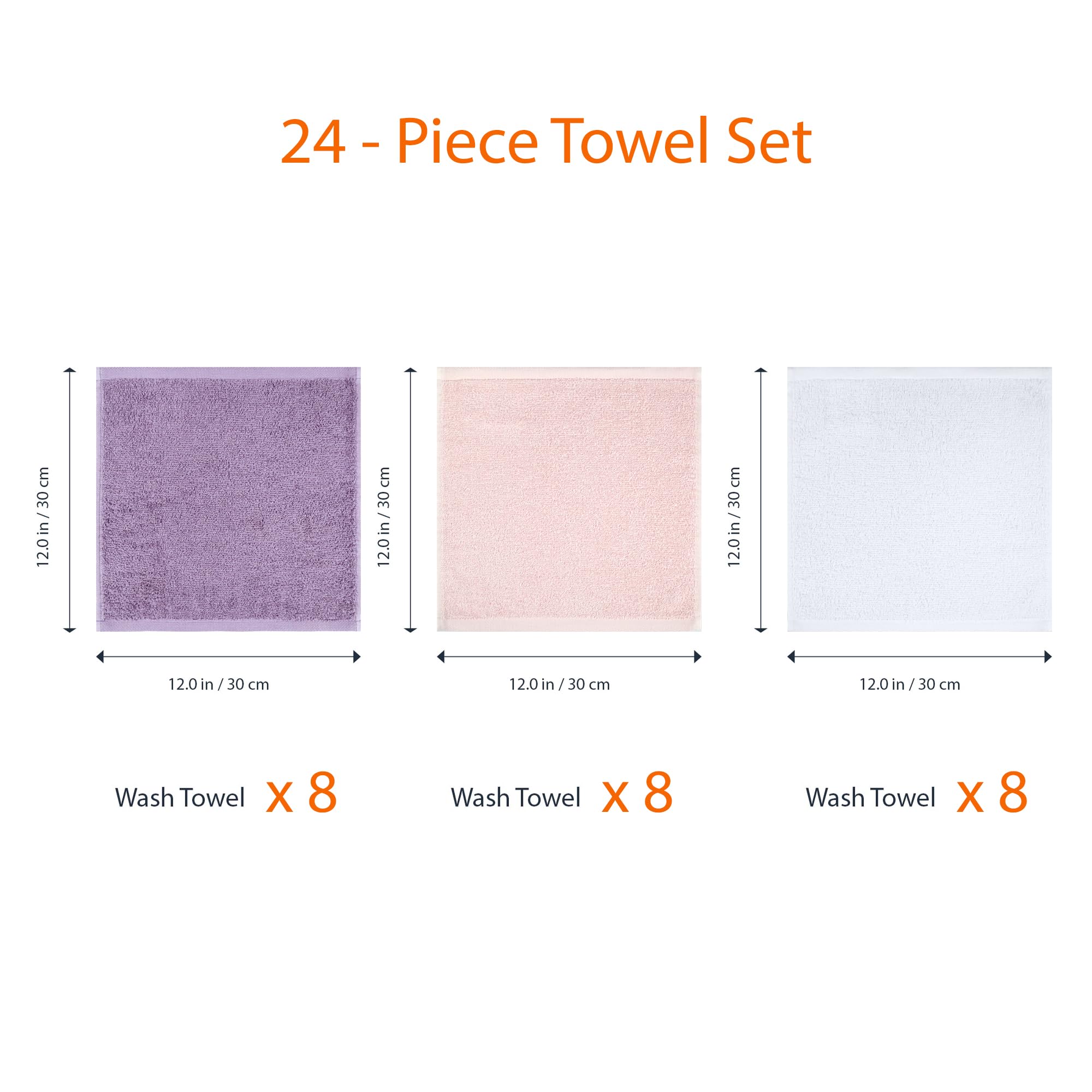 Amazon Basics 100% Cotton Extra Absorbent Fast Drying Washcloths for Bathroom & Salon - 24 Pack (12x12 Inch) - Soft Petal Pink, Lavender & White Towels - Perfect for Spa, Gym, Travel & Home Use