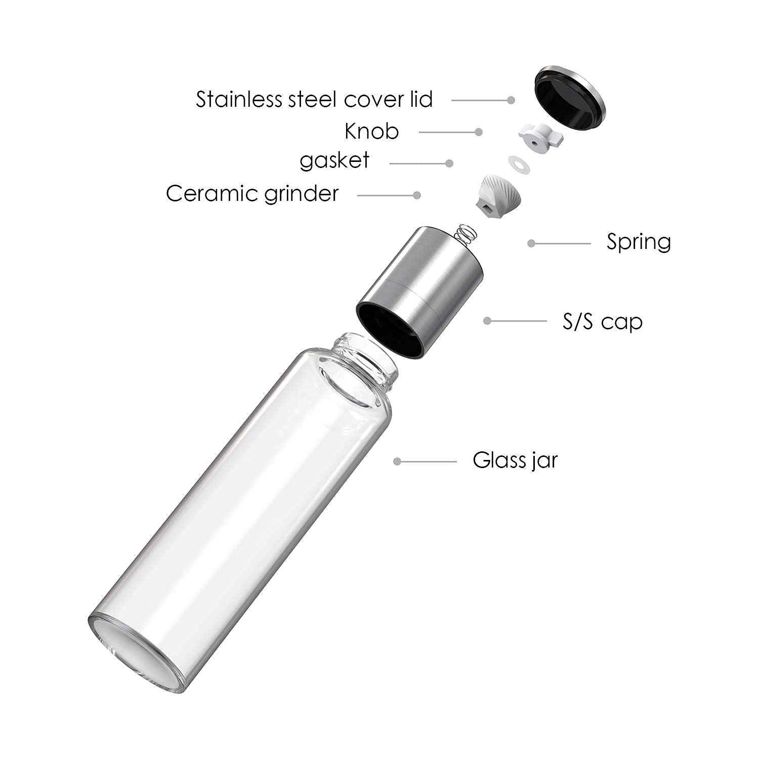 Premium Stainless Steel Salt and Pepper Grinder Set - Adjustable Ceramic Mill with Borosilicate Glass - Refillable Spice Grinder for Kitchen - 9.3