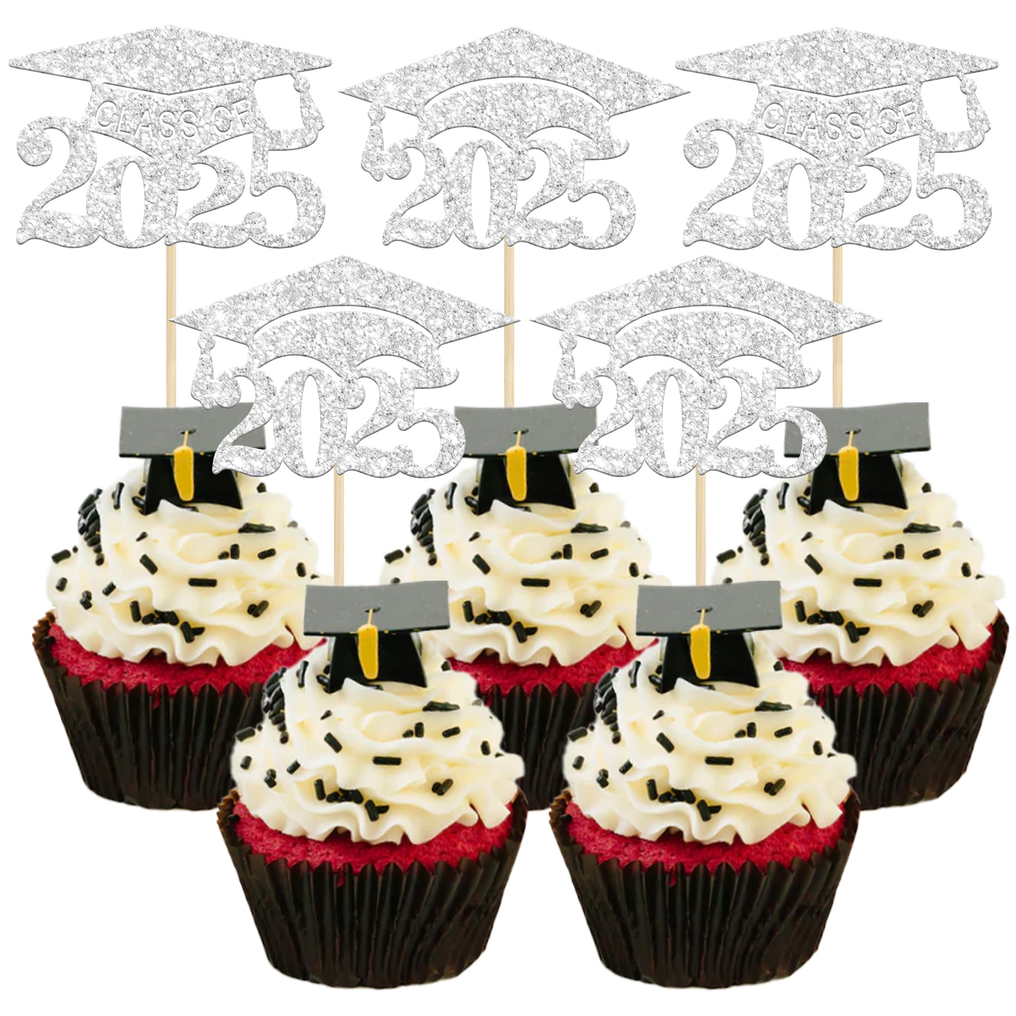 **24 Pack 2025 Graduation Cap Cupcake Toppers - Silver Glitter Class of 2025 Cake Decorations for Graduation Party, Birthday & Celebration**    *(Perfect for Graduation Cakes, Cupcakes, Desserts & Party Decorations)*