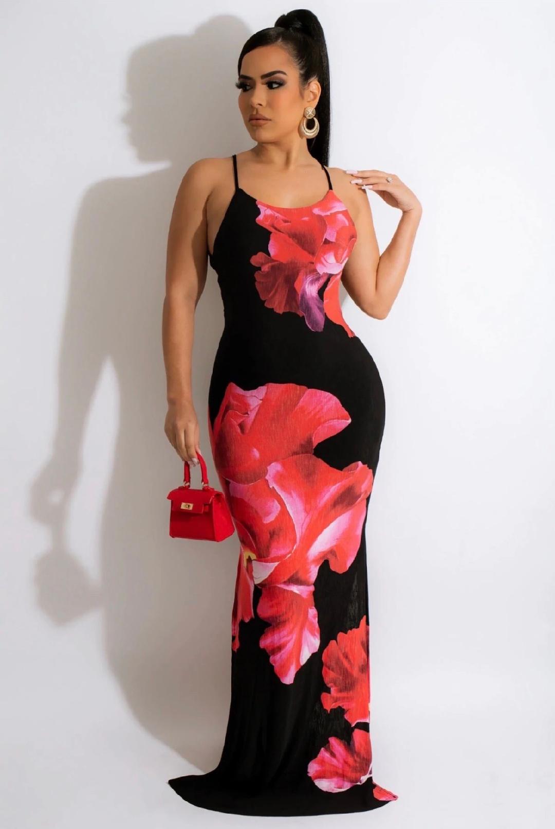Elegant Black and Red Rose Print Strappy Maxi Dress for Women | Flowy Summer Evening Gown | Perfect for Weddings, Parties & Date Nights