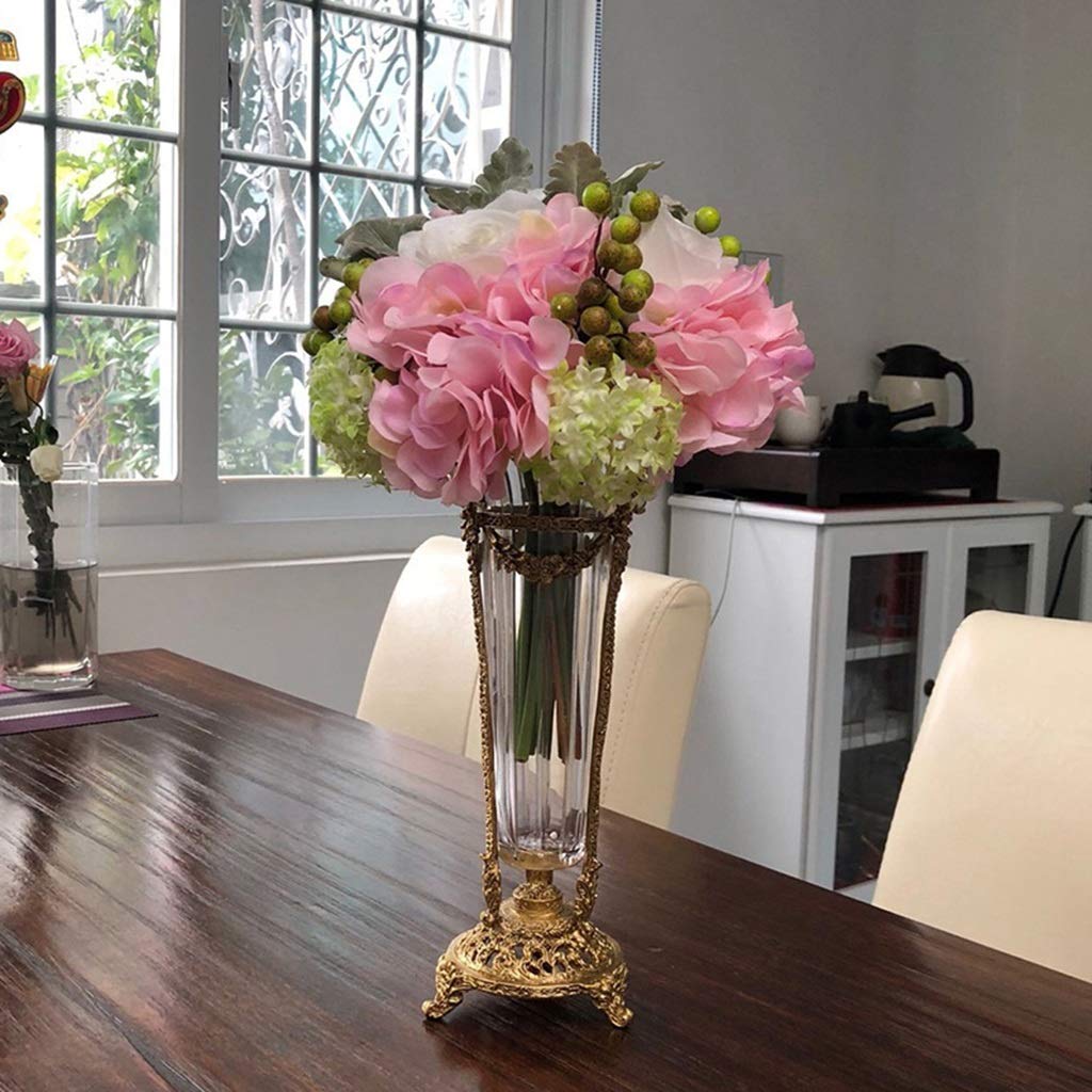 Luxury Crystal Glass Vase for Home & Office Decor - Handcrafted Carved Copper Base, Artificial Flower Arrangement Centerpiece - Clear 27x10cm - Perfect for Weddings, Living Room, Villa & Artwork Display