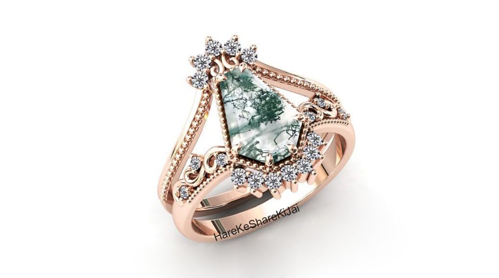 Vintage Art Deco Coffin Shaped Moss Agate Engagement Ring Set - 925 Sterling Silver Wedding Band, Anniversary Gift for Women - Perfect for Bridal Jewelry, Christmas Presents & Special Occasions