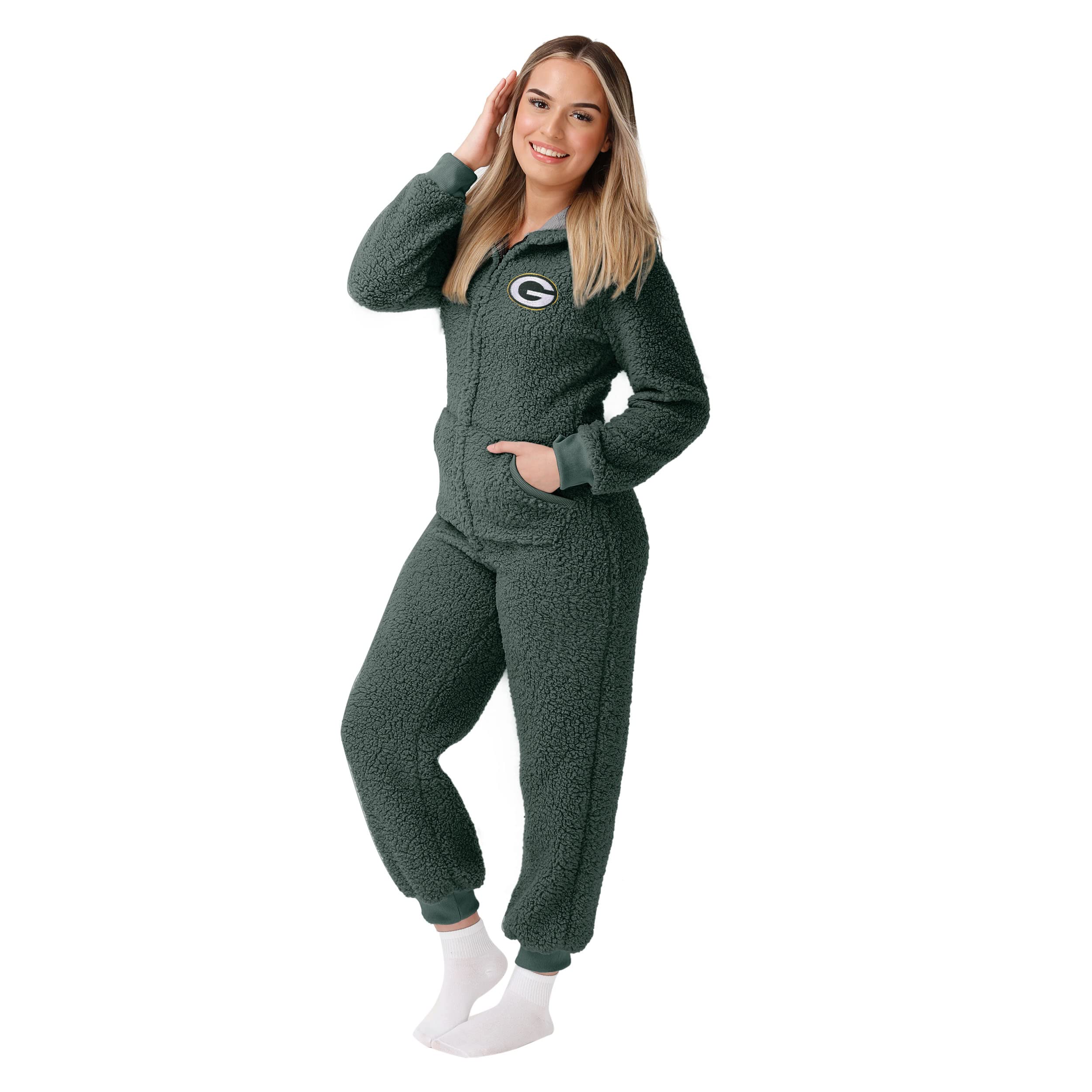 FOCO Green Bay Packers NFL Women's Sherpa One-Piece Pajamas - Soft Fleece Sleepwear for Game Day & Cozy Nights - Size S - Perfect for Football Fans & Winter Comfort