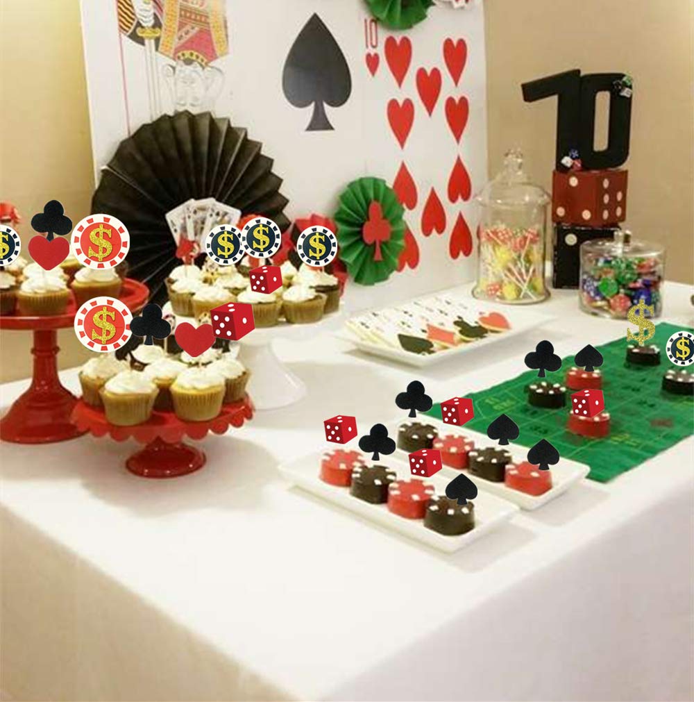 LaVenty 32PCS Casino Cupcake Toppers - Poker & Vegas Theme Cake Decorations for Casino Party, Gambling Birthday, Bachelorette & Themed Events