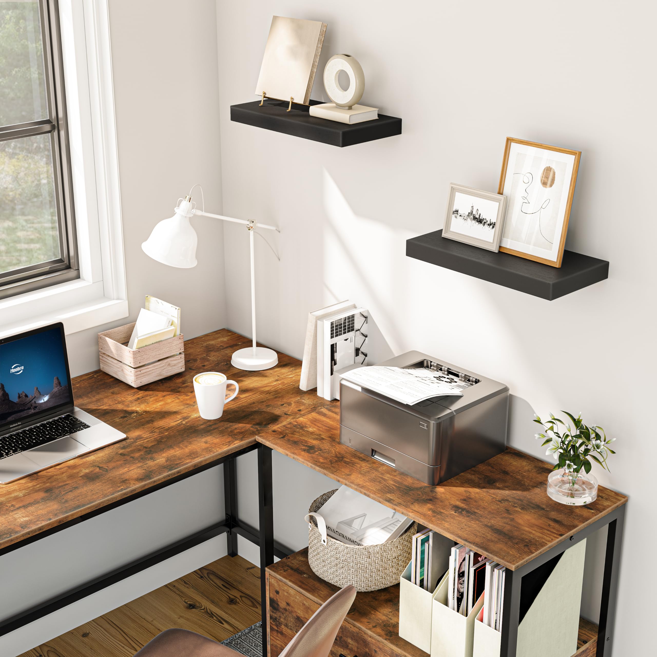 HOOBRO 15.7 Inch Floating Wall Shelves Set of 2 - Modern Invisible Bracket Shelving for Bathroom, Bedroom, Kitchen & Office Decor - Perfect for Displaying Photos, Plants & Home Accessories - Black (BK40BJ01)