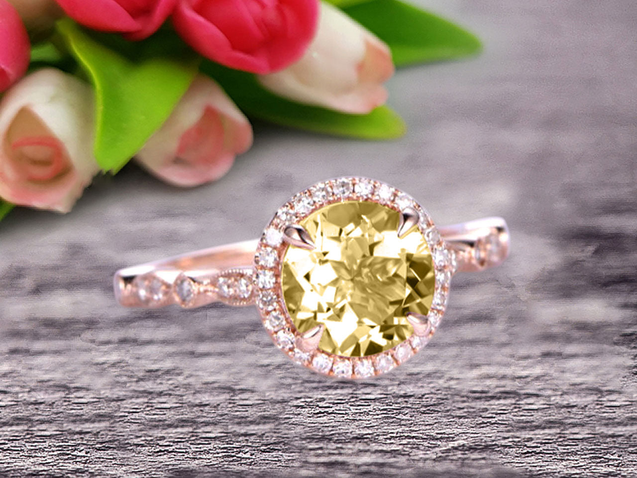 1.50 Carat Round Cut Champagne Diamond Moissanite Ring - 10k Rose Gold Engagement, Promise & Anniversary Ring - Art Deco Gemstone Jewelry for Weddings, Proposals & Special Occasions