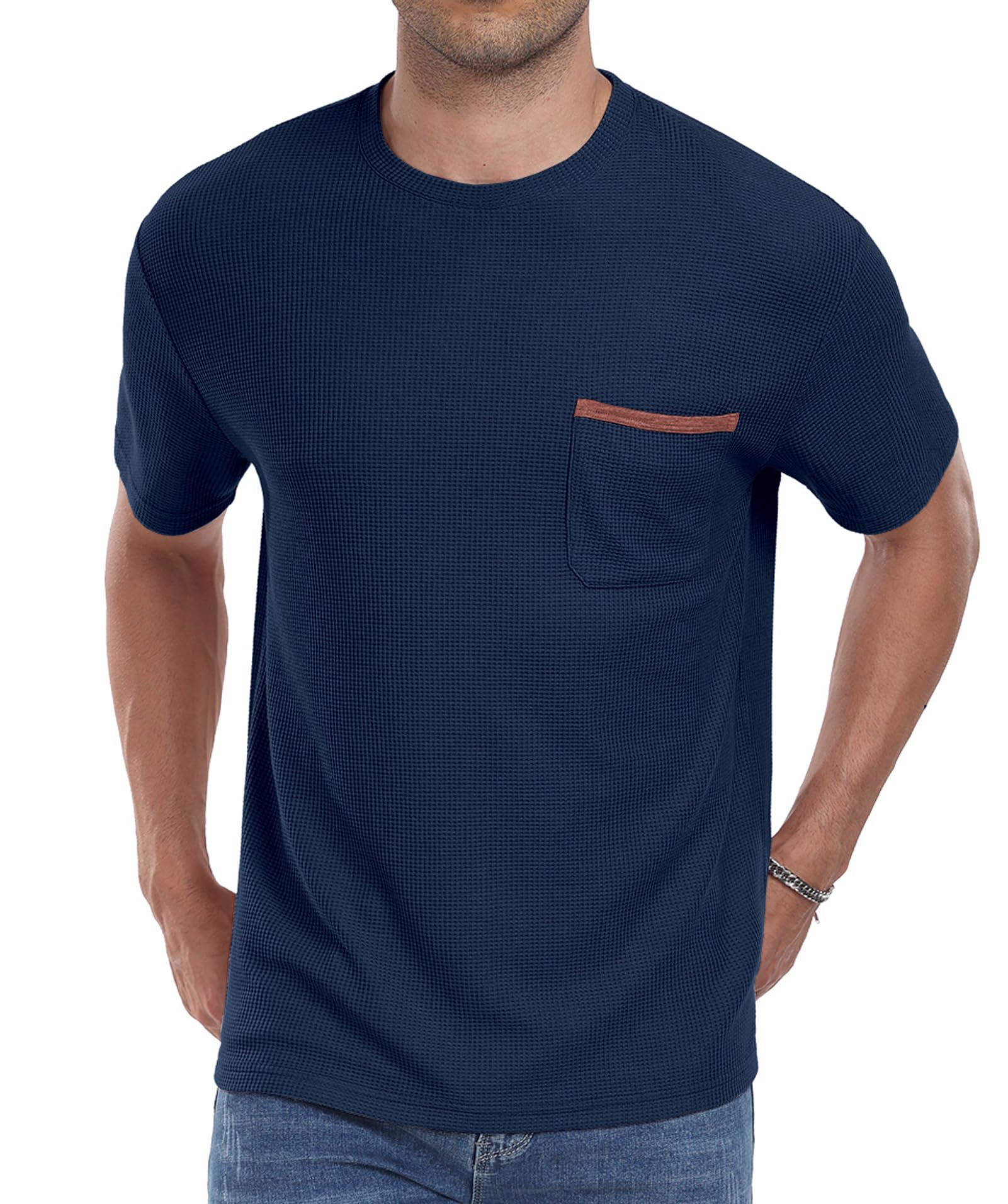 Men's Casual Short Sleeve Crew Neck T-Shirt - Soft Summer Tee with Waffle Texture & Pocket - Perfect for Beach, Travel & Everyday Wear