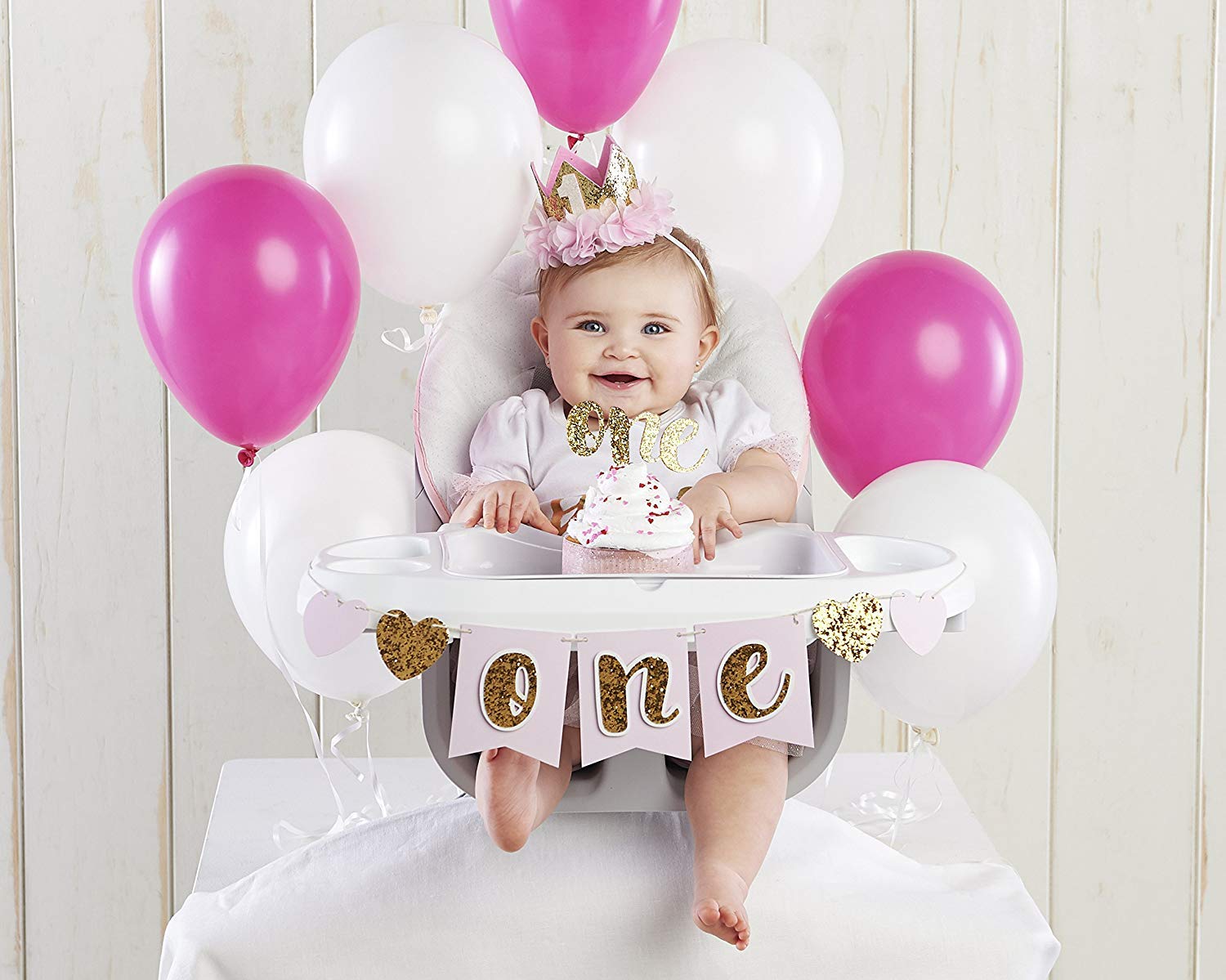 Kate Aspen Gold Glitter 1st Birthday Party Decorations Kit - Baby Girl/Boy First Birthday Banner, Cake Topper & Balloons - Perfect for Birthday Photoshoot & Milestone Celebration