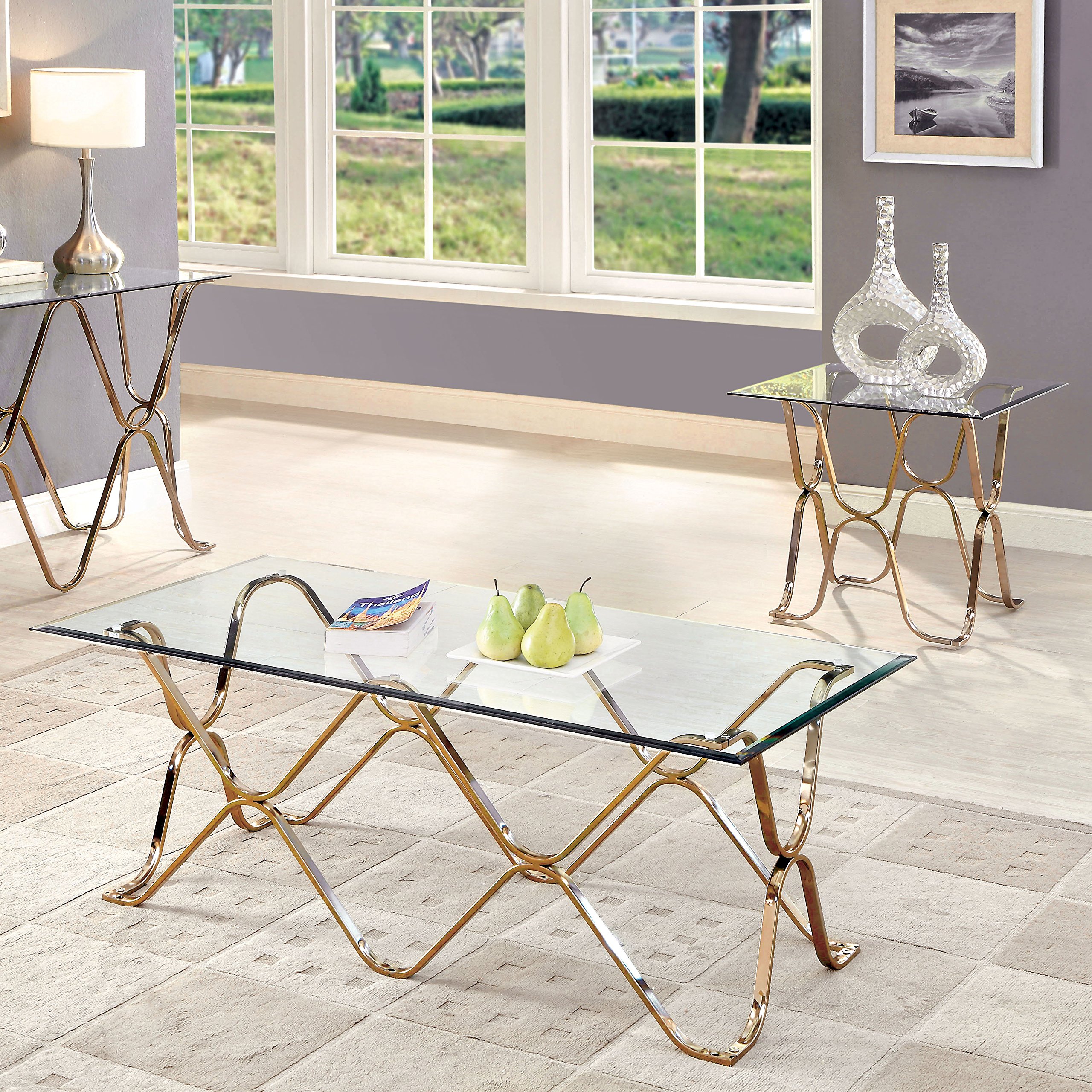 HOMES: Inside + Out Lexine Curved X-Frame 2-Piece Chrome Coffee Table Set - Modern Living Room Furniture for Small Spaces & Apartments