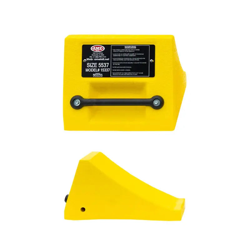 AME Yellow Polyurethane Wheel Chock with Handle for Trucks & Trailers (47-165 lbs Capacity) - Heavy Duty Vehicle Stabilization for Parking, Loading & RV Safety