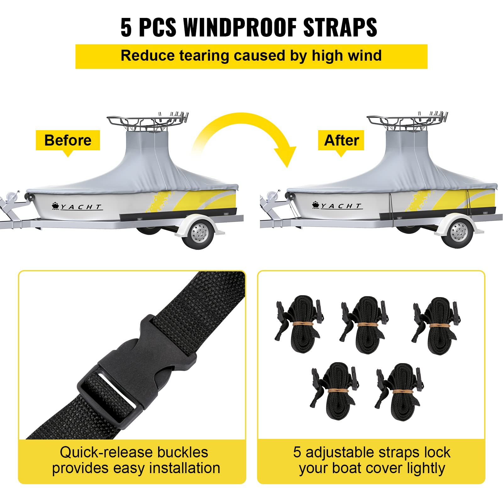 VEVOR Heavy Duty 600D Marine Grade Oxford Boat Cover for 18.5'-20' Center Console Boats - UV Resistant Waterproof T-Top Cover with 2 Support Poles & 5 Windproof Straps (Gray) - Perfect for Saltwater Fishing, Boating, and Marine Protection