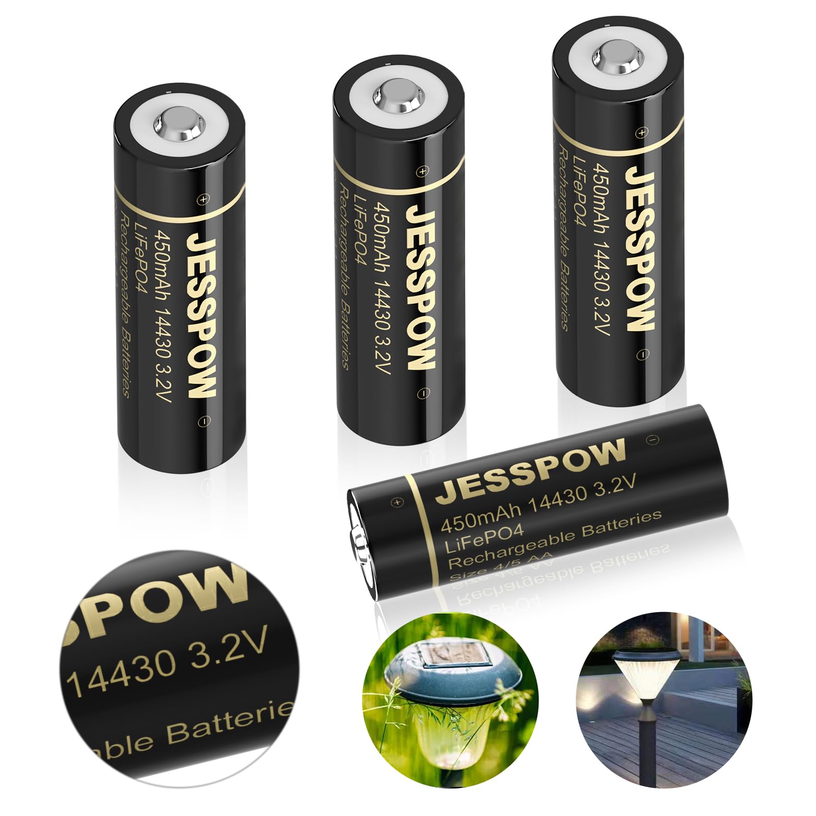 14430 LiFePO4 Rechargeable Battery 3.2V 450mAh - 4 Pack for Solar Lights, Garden Lights, Flashlights, Electric Toothbrushes & Shavers | Long-Lasting Power for Outdoor & Home Use (Not AA Battery)