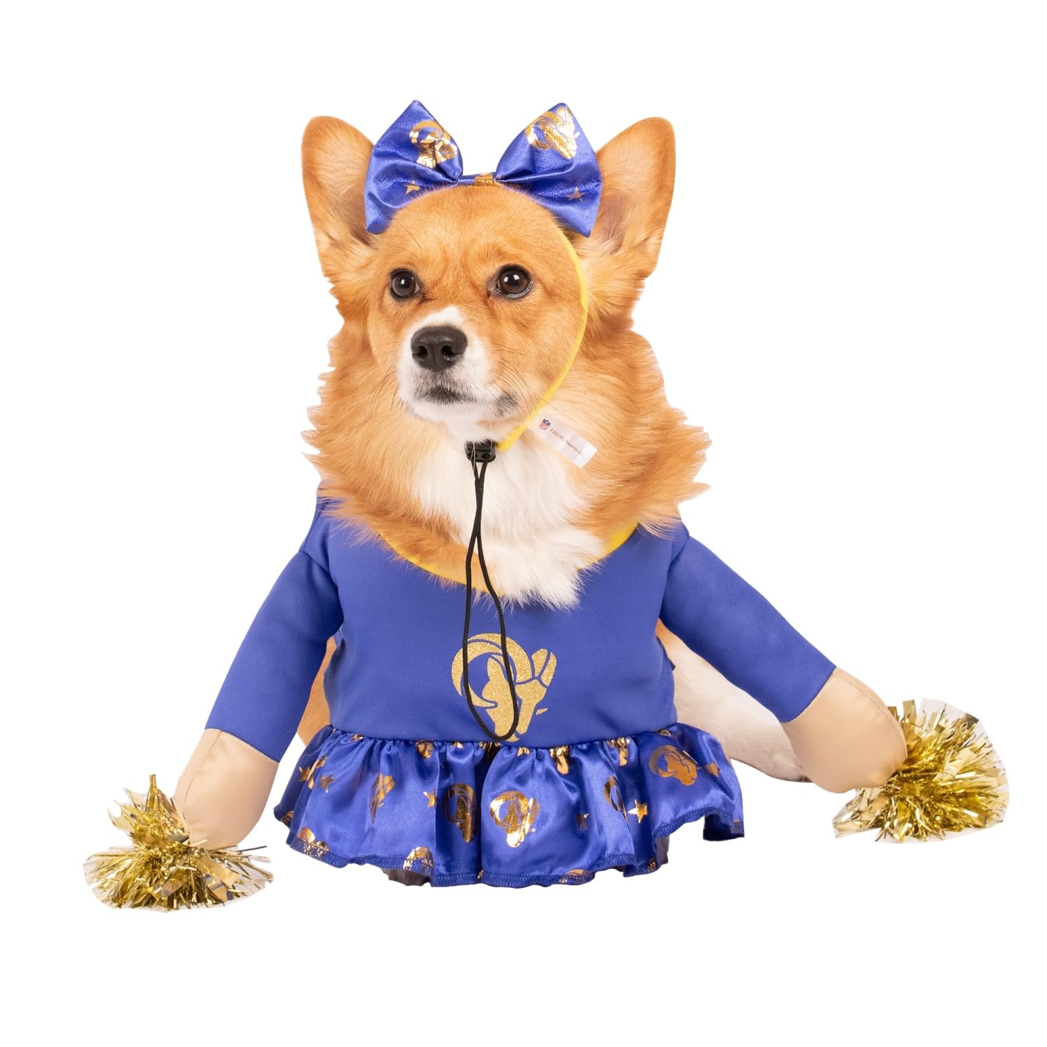 Official NFL Los Angeles Rams Cheer Dog Costume with Faux Stuffed Arms, Tinsel Pom-Poms & Satin Bow Headband – Large Size for Game Day, Pet Parties & Halloween