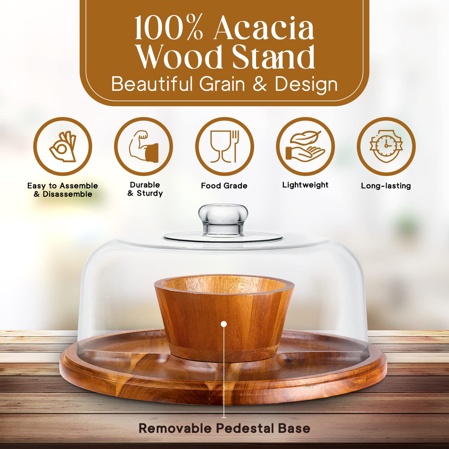 Homeries 6-in-1 Acacia Wood Cake Stand with Lid - Multi-Functional Serving Platter & Display Stand for Cakes, Desserts, Pastries - Perfect for Weddings, Parties, Bakery Display & Home Kitchen Decor