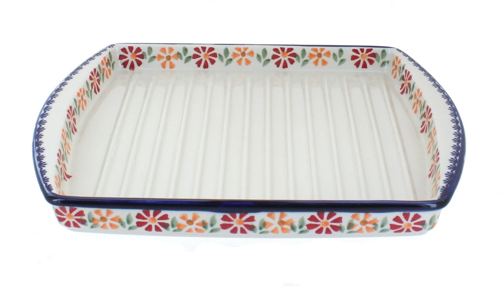 Hand-Painted Blue Rose Polish Pottery Bacon Cooker - Vintage Garden Bouquet Design for Stovetop & Oven Use - Perfect for Cooking Bacon, Sausages & Breakfast Dishes