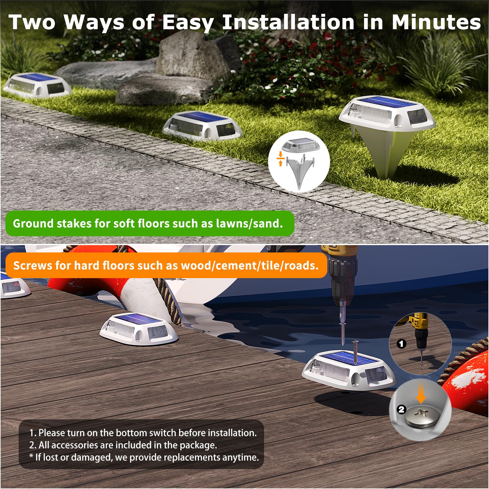 12Modes Multicolor Solar Driveway Lights - IP68 Waterproof Marine Dock Lights with 4Way LED Markers - Aluminum Alloy Boat & Deck Lighting - RGB Pathway Lights for Garden, Yard, Walkway [12Pack]