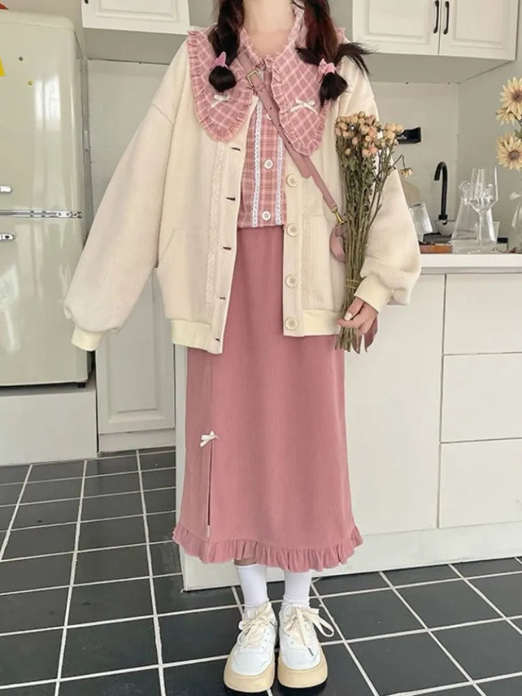 Japanese Kawaii 3-Piece Women's Outfit - Elegant Bow Midi Skirt Suit Set in Pink Plaid | Korean Fashion Style for Parties, Dating & Autumn 2024 | Perfect for Office Wear, Tea Dates & Special Occasions