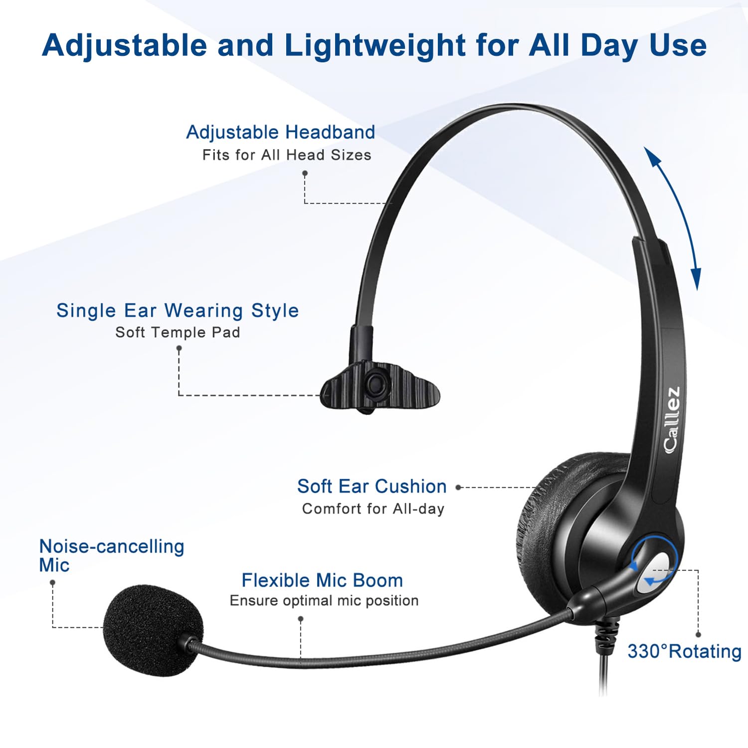 **Callez 2.5mm Wireless Headset with Noise Canceling Microphone – Compatible with DECT, AT&T ML17929, Vtech, Uniden, RCA, Cisco – Ideal for Call Centers, Home & Office Use (Model C300D1)**    *(Use Cases: Perfect for remote work, customer service, telemarketing, and long phone conversations with clear audio quality.)*