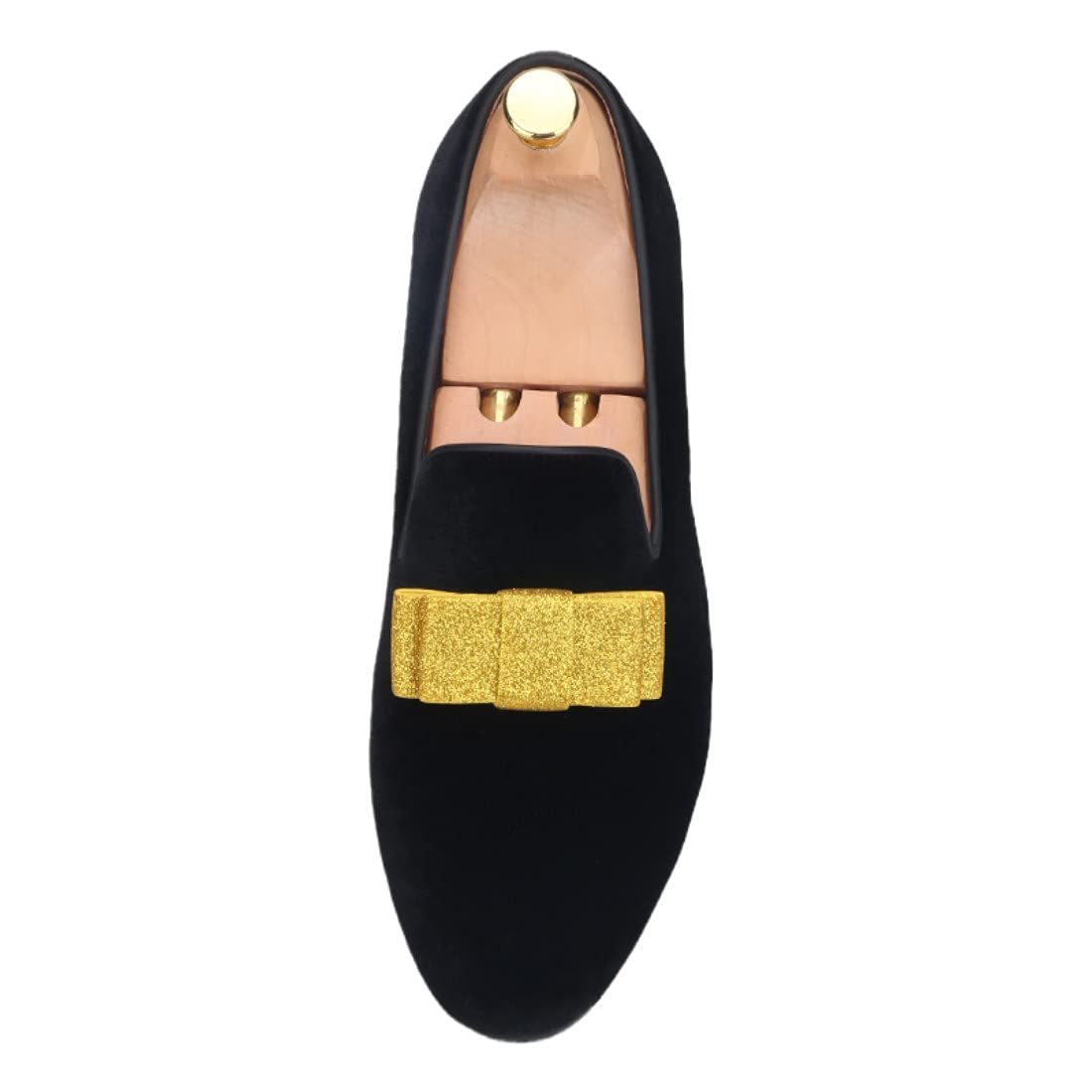 FERUCCI Men's Black Velvet Loafers with Gold Bow - Elegant Formal Slippers for Prom, Wedding & Special Occasions